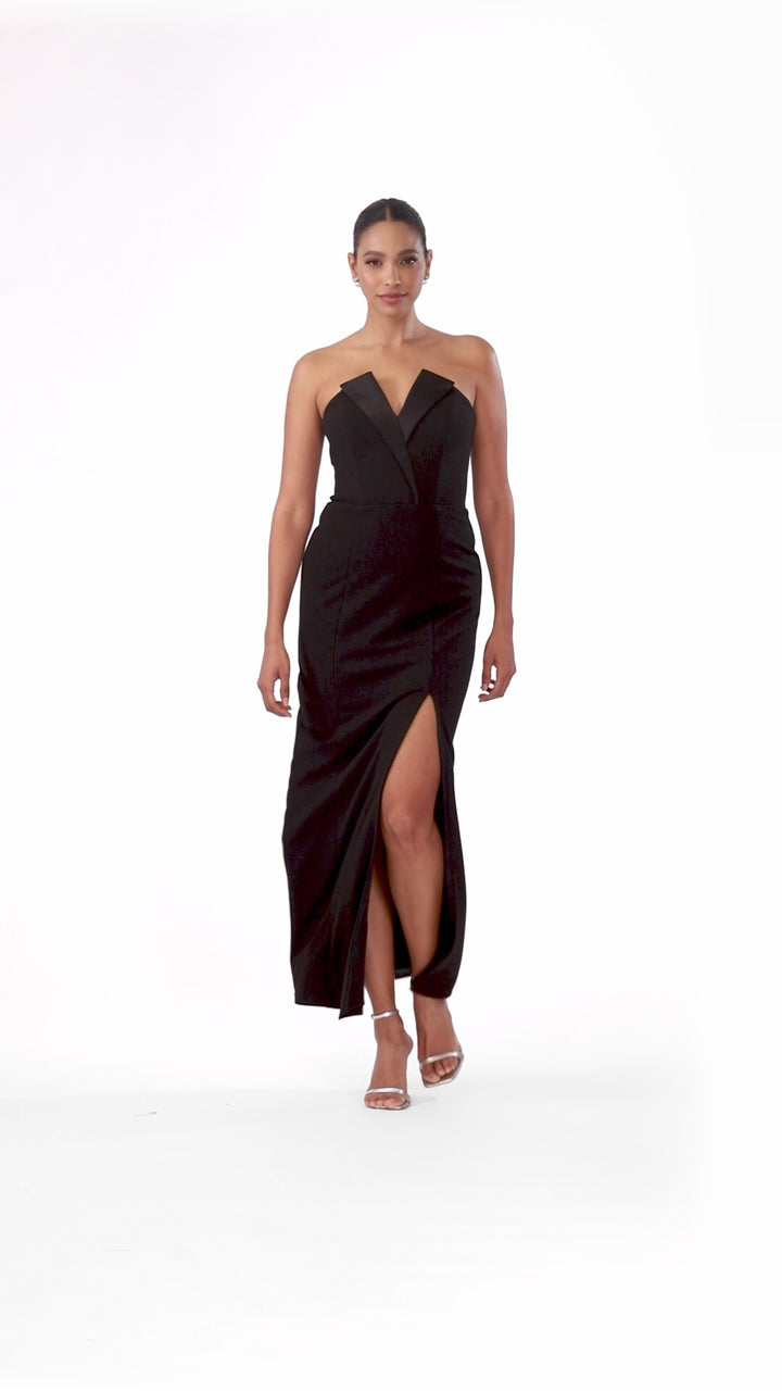 Petite "Violette" Long Strapless V Neck Tuxedo Dress