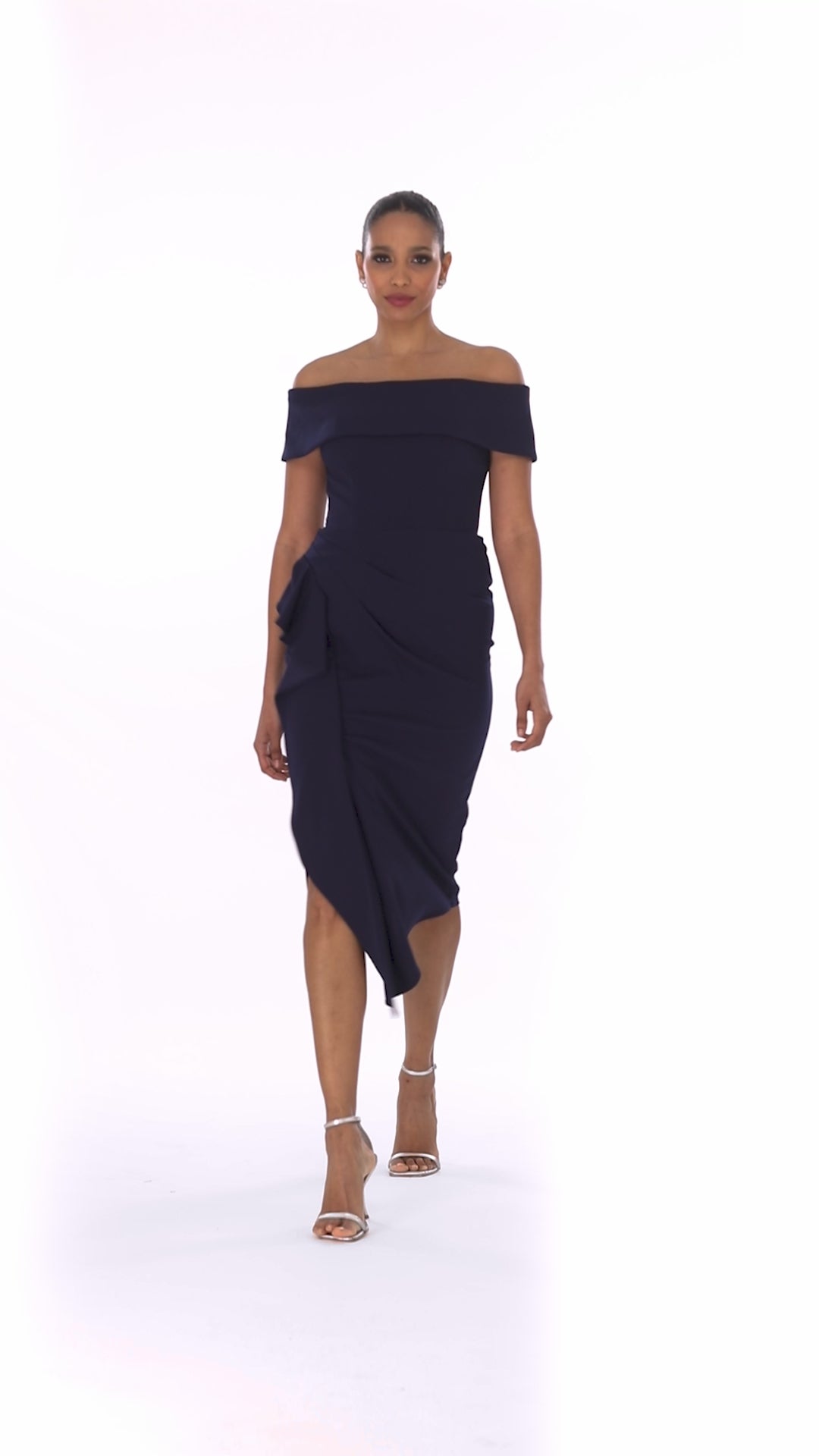 "Maya" Midi Scuba Crepe Off the Shoulder Cuff Side Ruching Dress