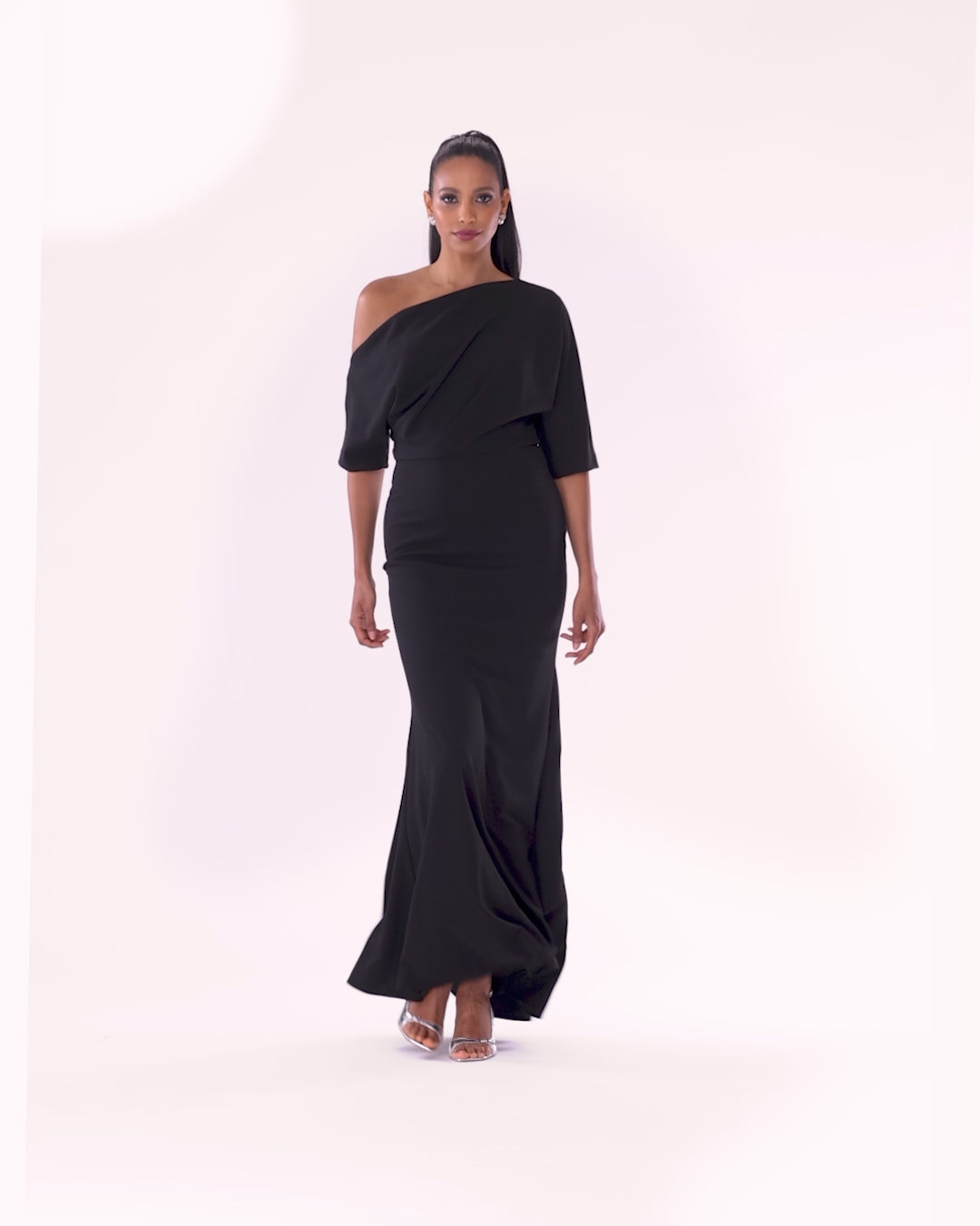 "Madeline" Long Scuba Crepe Off the Shoulder Drop Dress