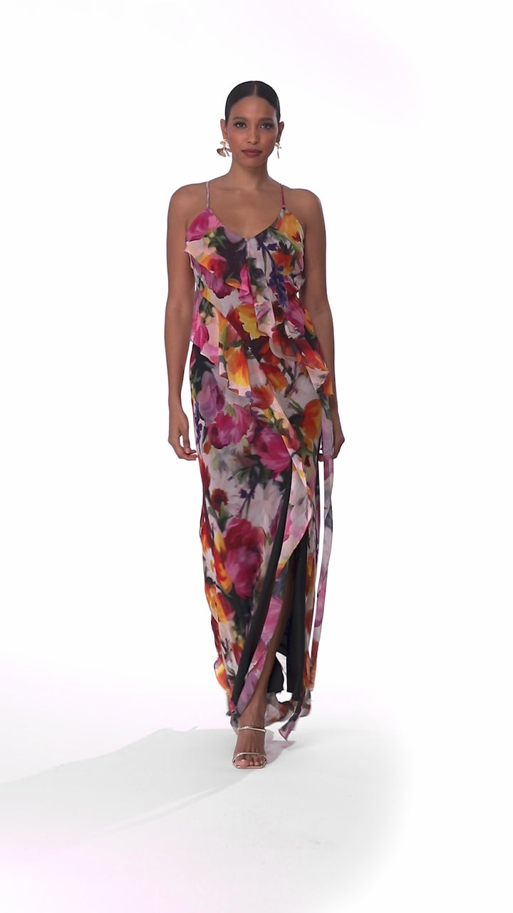 Petite "Mary" Long Chiffon Floral Print Dress