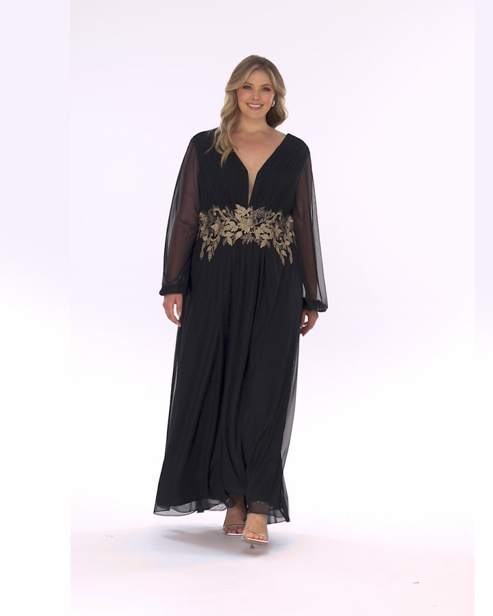 Plus "Rebecca" Long Sleeve Embroidered Mesh Gown