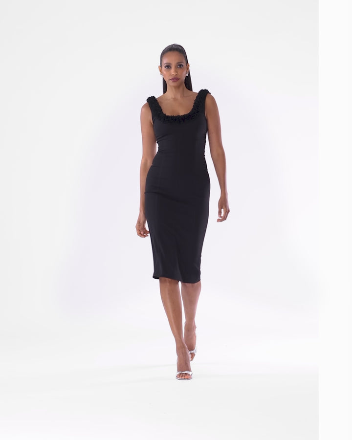 "Destiney" Knee Length Stretch Twill Ruffle Neckline Dress