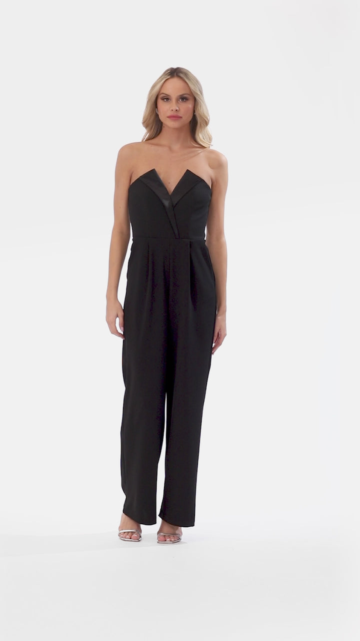 Petite "Tasha" Long Strapless Tuxedo Jumpsuit