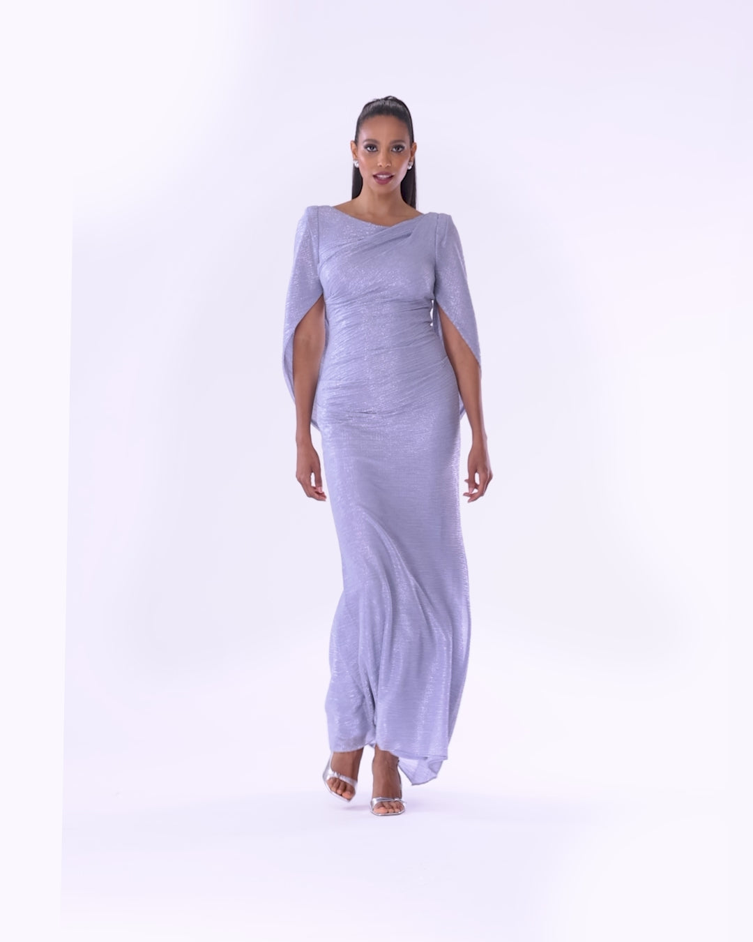 "Elaine" Long Metallic Crinkle Cowl Neck Back Dress