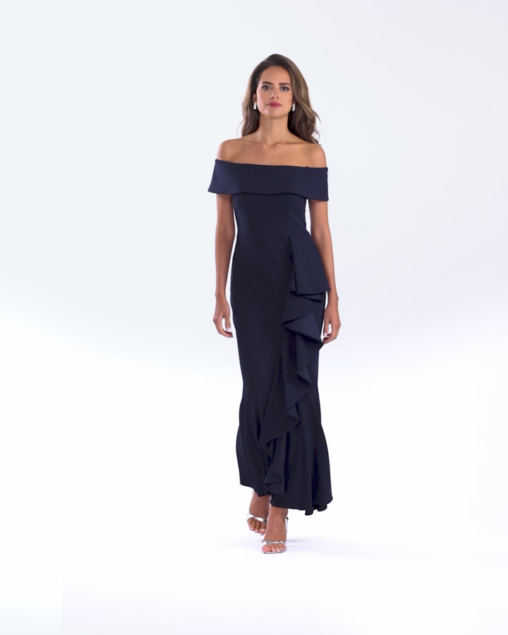 Petite "Carina" Long Off the Shoulder Ruffle Dress