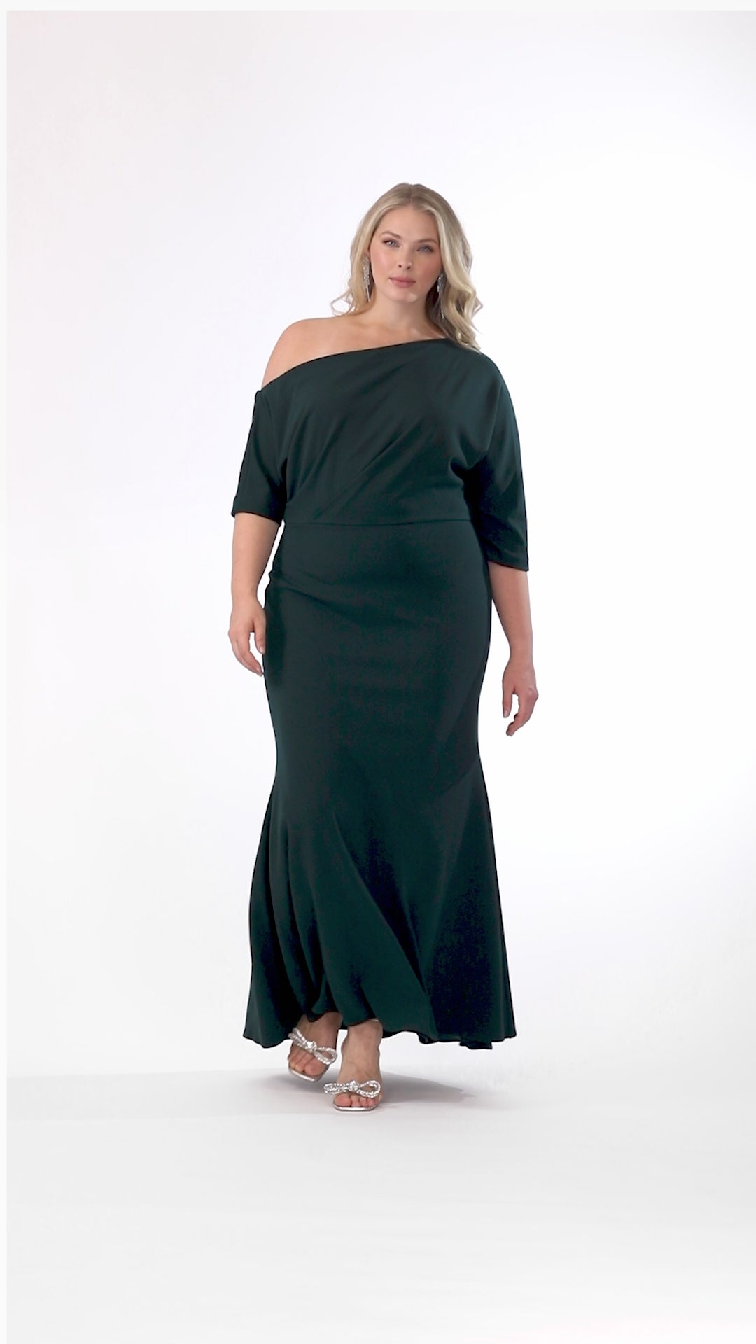 Plus "Madeline" Long Scuba Crepe Off the Shoulder Drop Dress