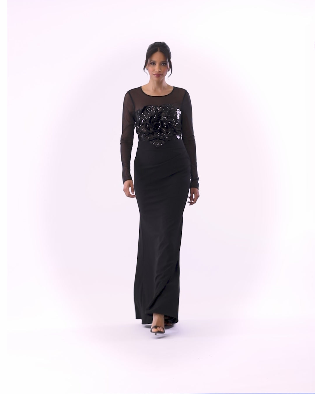 "Gabriela" Long Sleeve Mesh and Sequin Top and Floor Length Scuba Crepe Skirt Dress