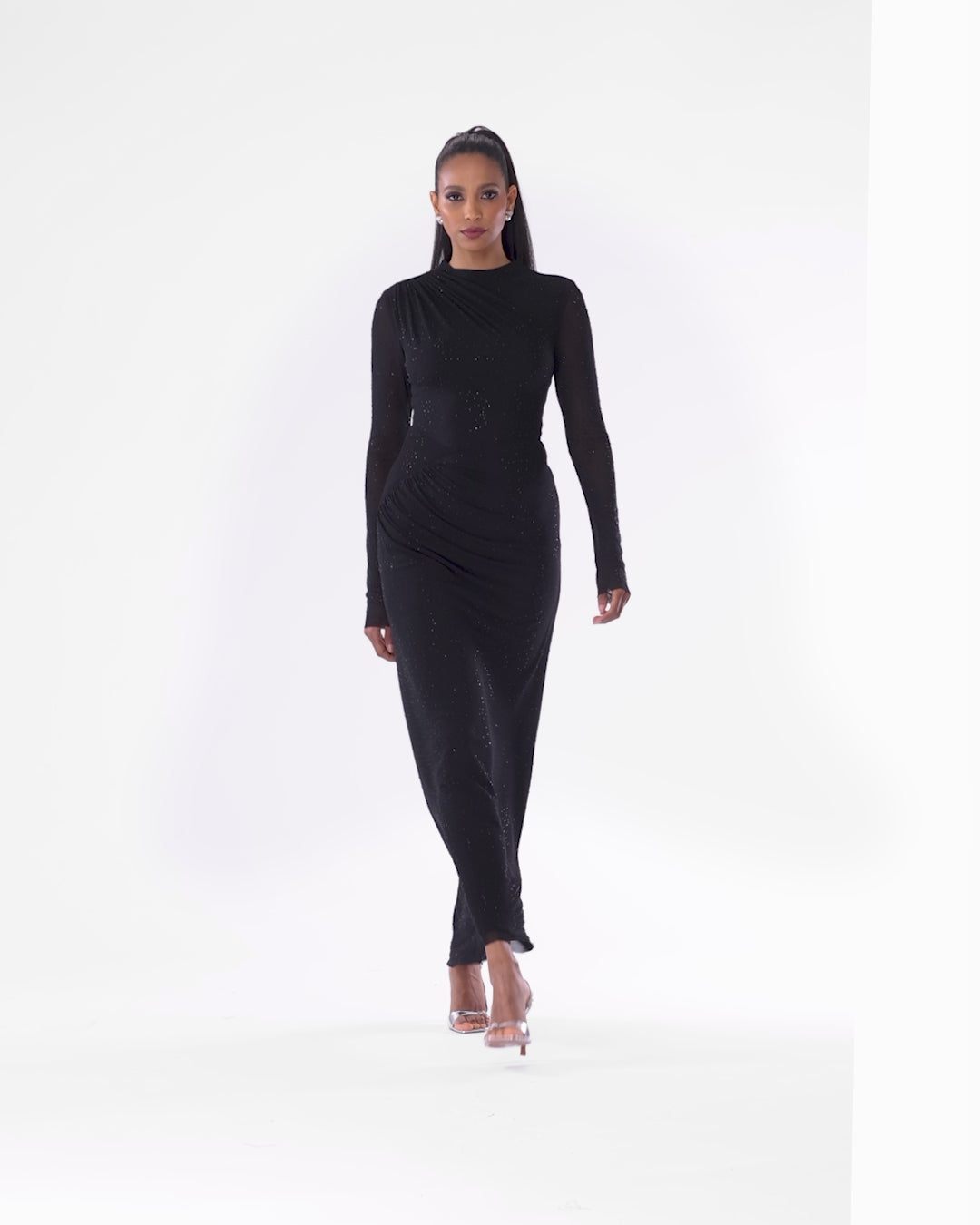 "Nora" Long Glitter Power Mesh Long Sleeve Dress