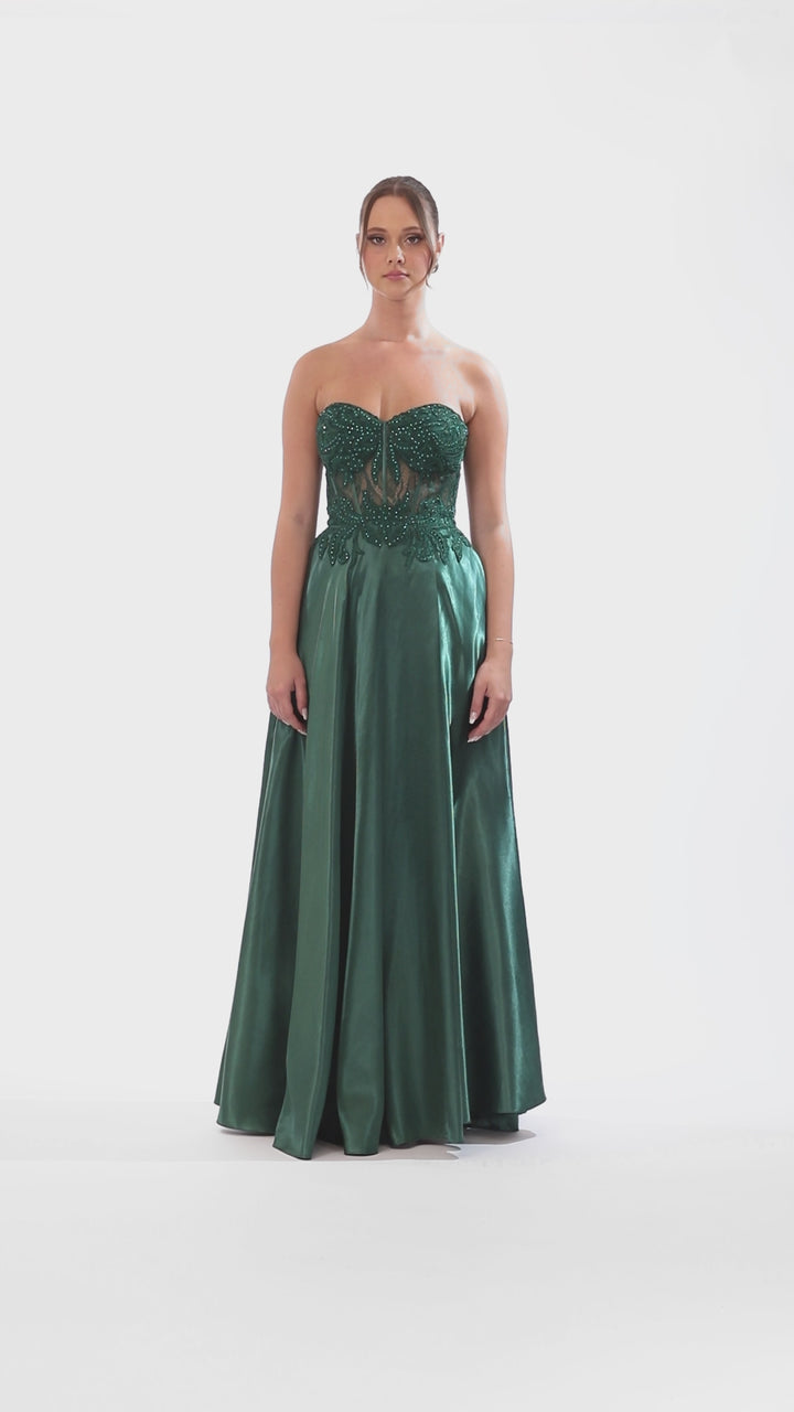 "Melissa" Charmeuse Illusion Bodice Applique Gown