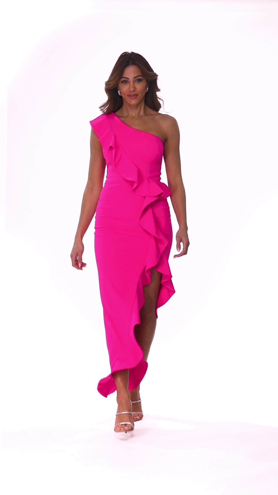 "Zola" Scuba Crepe Asymmetrical Ruffle Dress