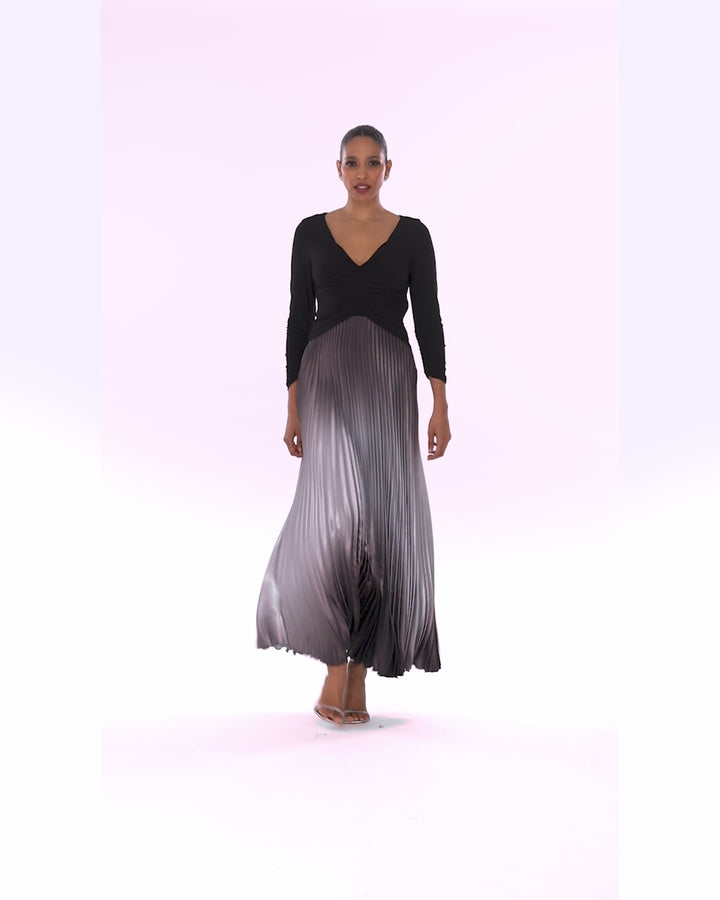 "Katia" Long 3/4 Sleeve Pleated Ombre Skirt Dress