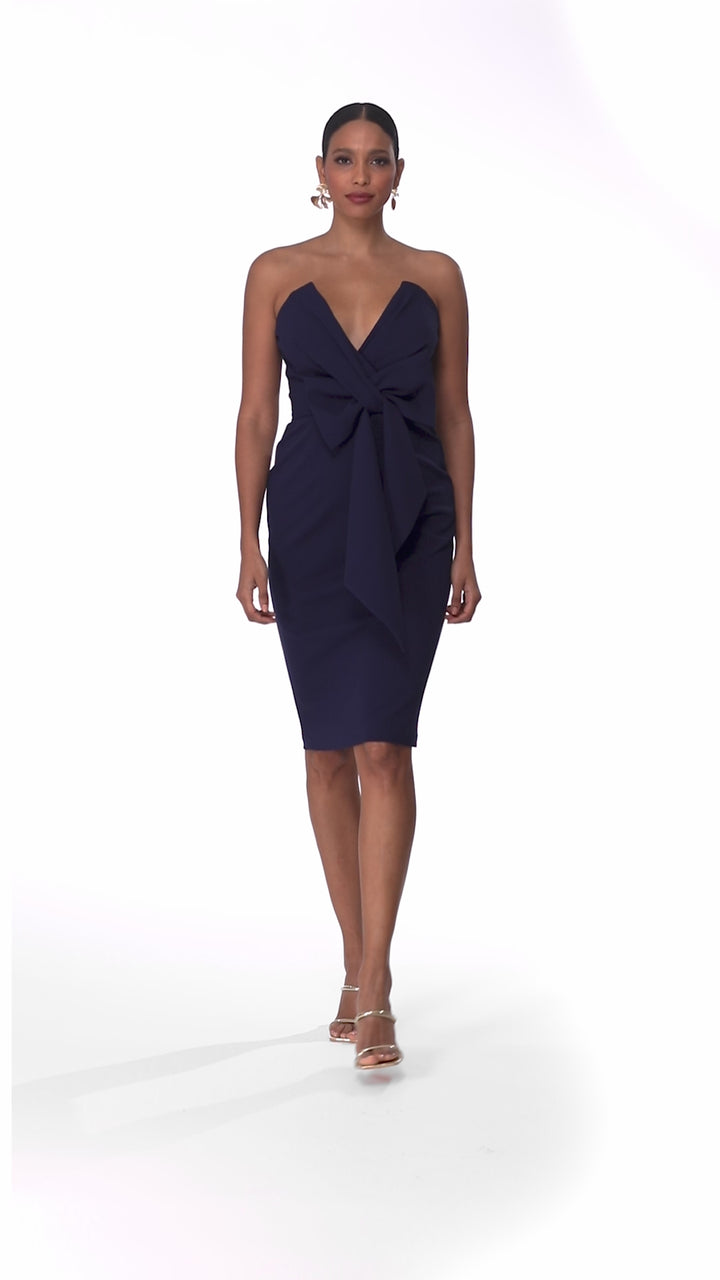 "Gloria" Short Scuba Crepe Strapless V-Neck Bow Dress