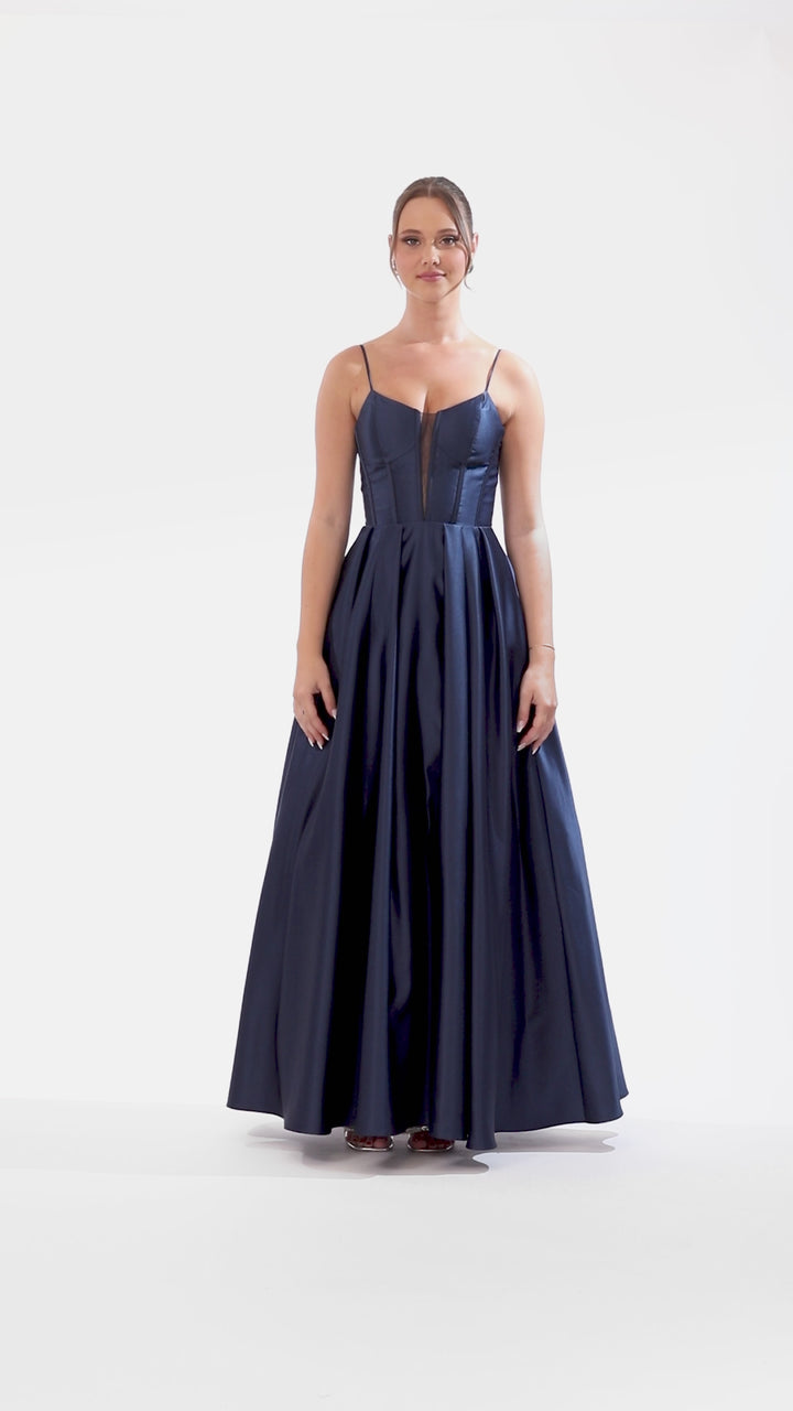 "Carol" Long Satin Mesh Insert Ballgown