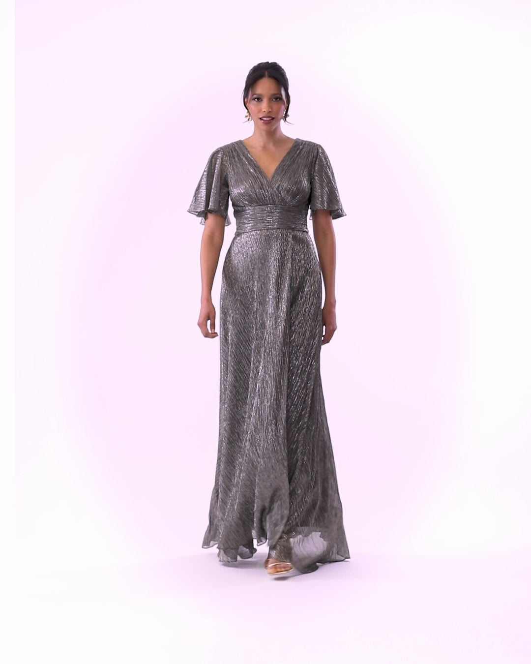 "Isabella" Long V Neck Flutter Sleeve Metallic Dress