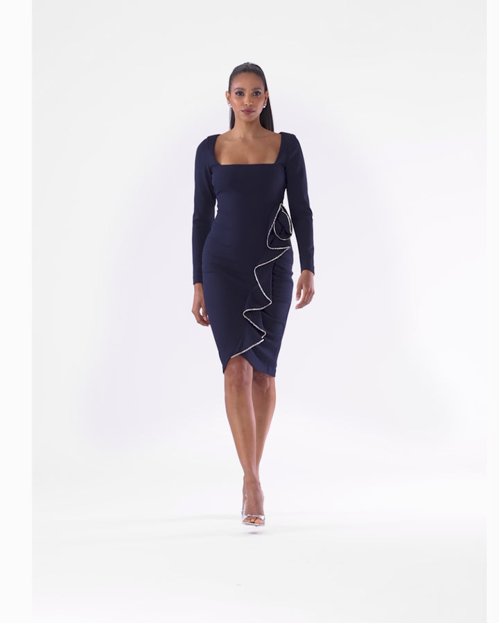 "Michelle" Knee Length Scuba Crepe Crystal Flower Detail Long Sleeve Dress