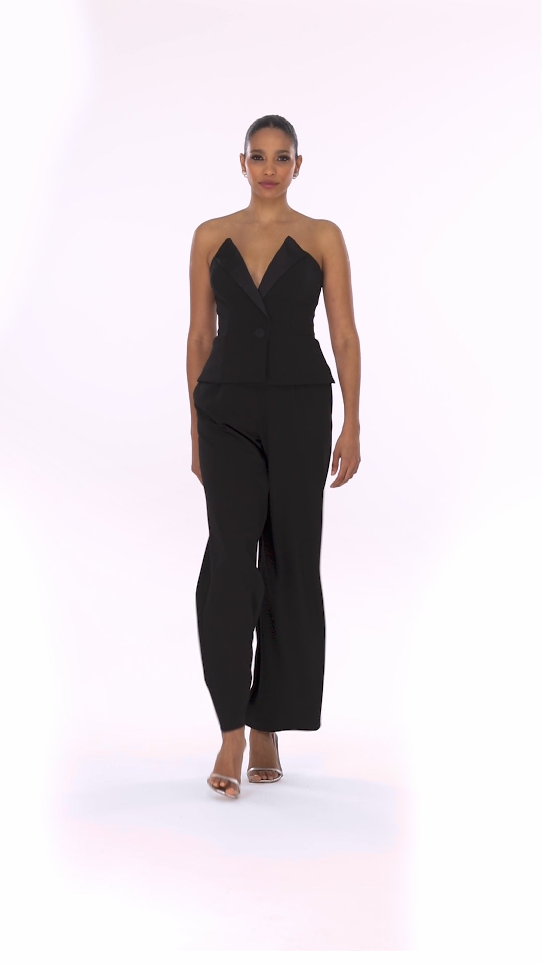 "Farrah" Deep V-Neck Strapless Scuba Crepe Tuxedo Jumpsuit