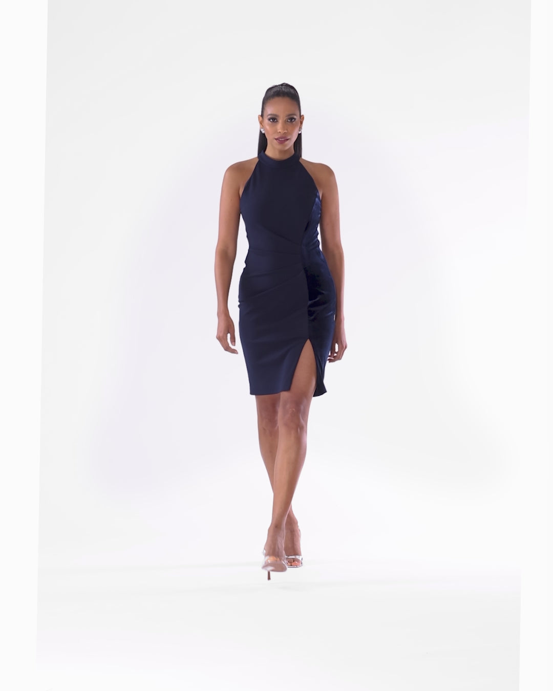 Petite "Mariana" Short Halter Neck Scuba Crepe and Velvet Stripe Dress