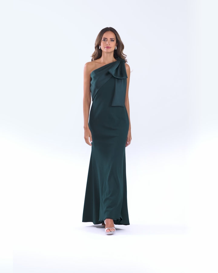 "Carmela" Long Scuba Crepe Dress with Satin Bow