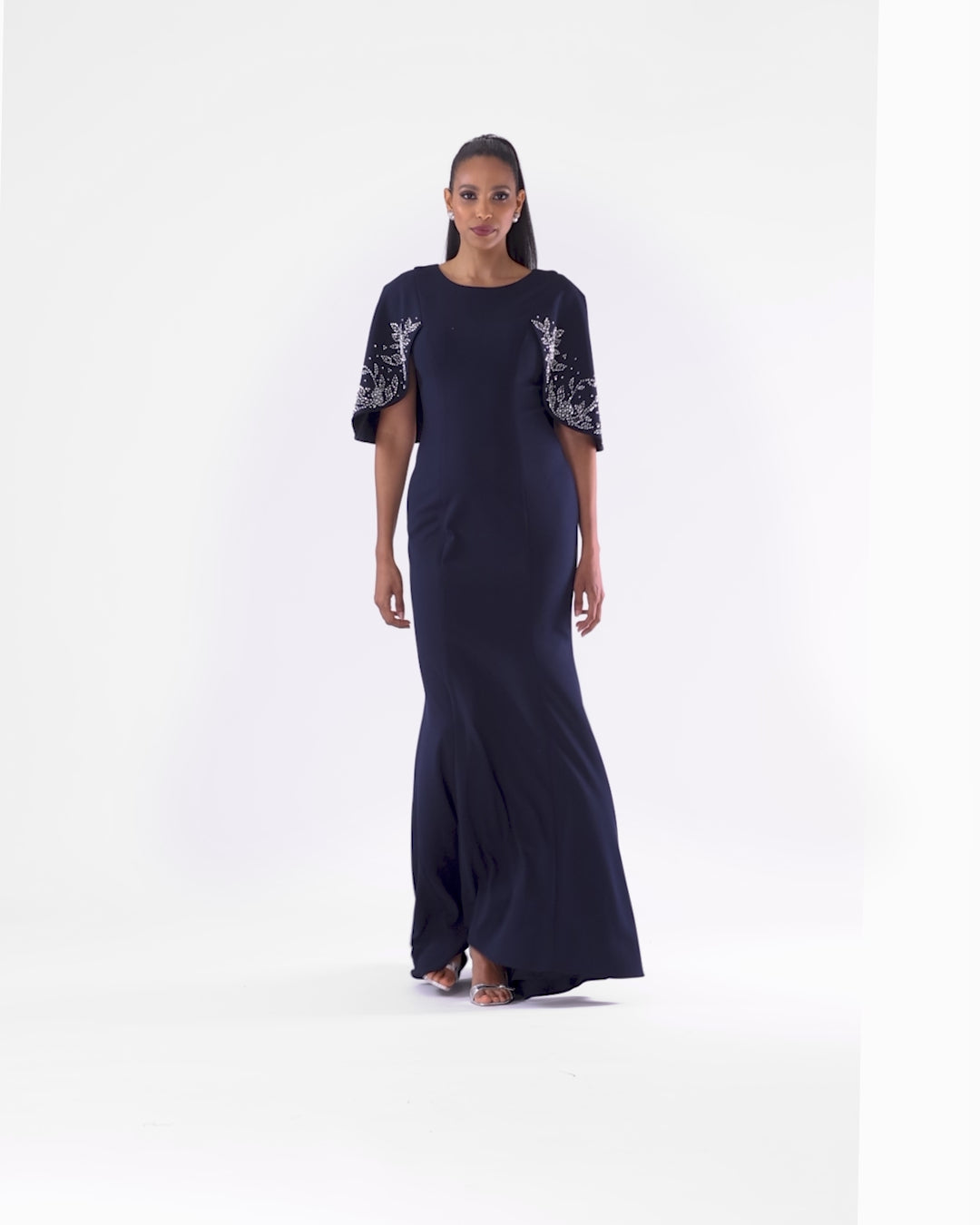 "Doris" Long Scuba Crepe Embellished Beaded Cape Dress