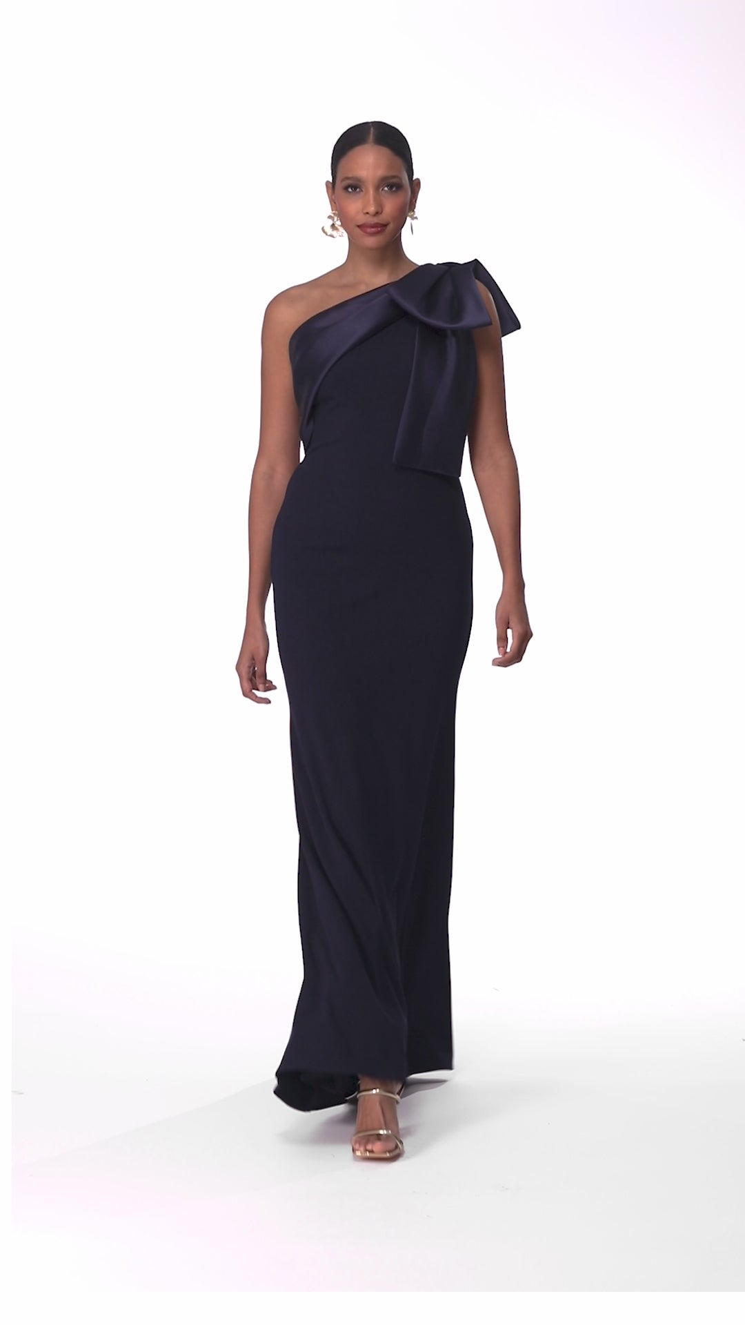 "Carmela" Long Scuba Crepe Dress with Satin Bow