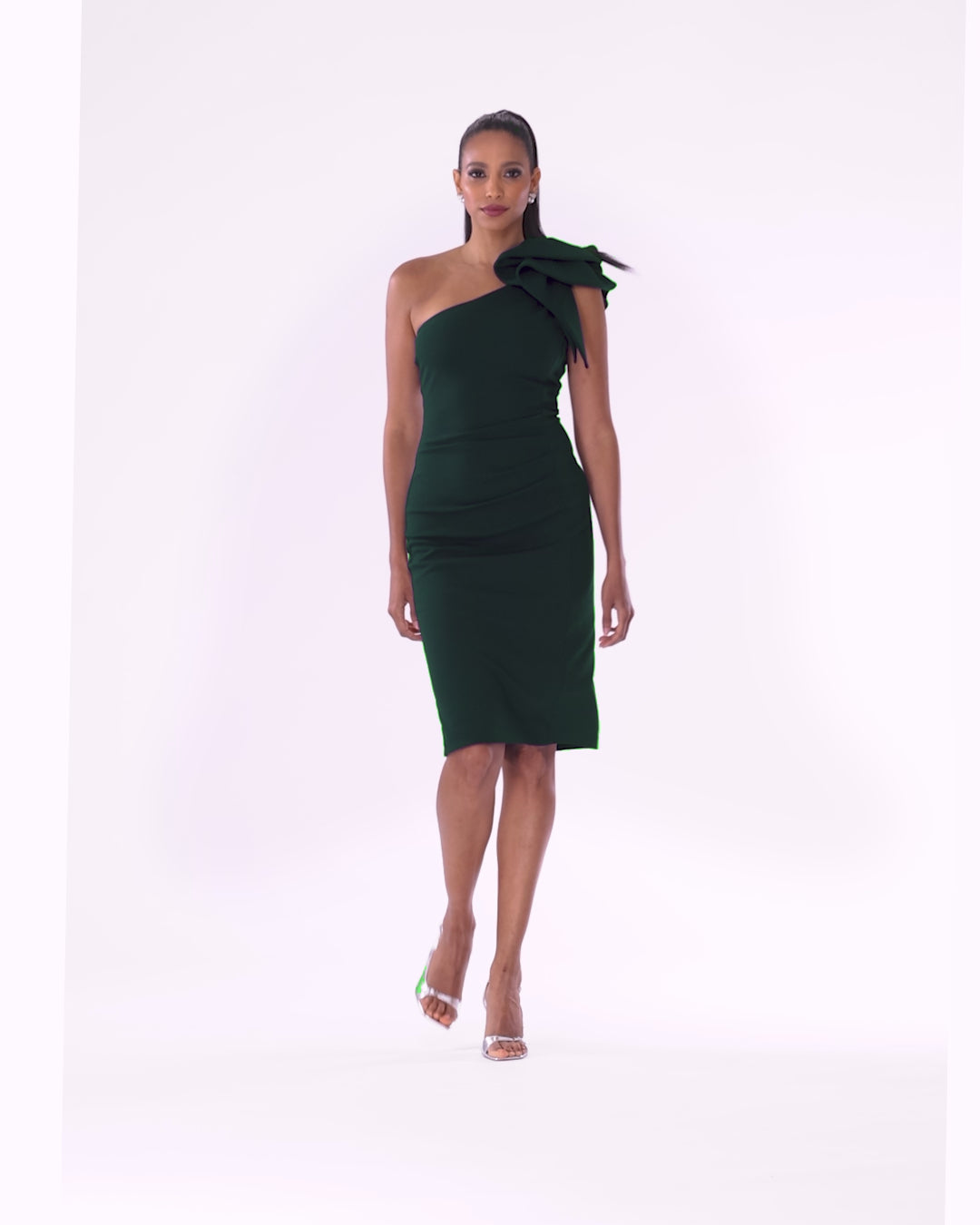 "Sheila" Knee Length Scuba Crepe One Shoulder Ruffle Dress