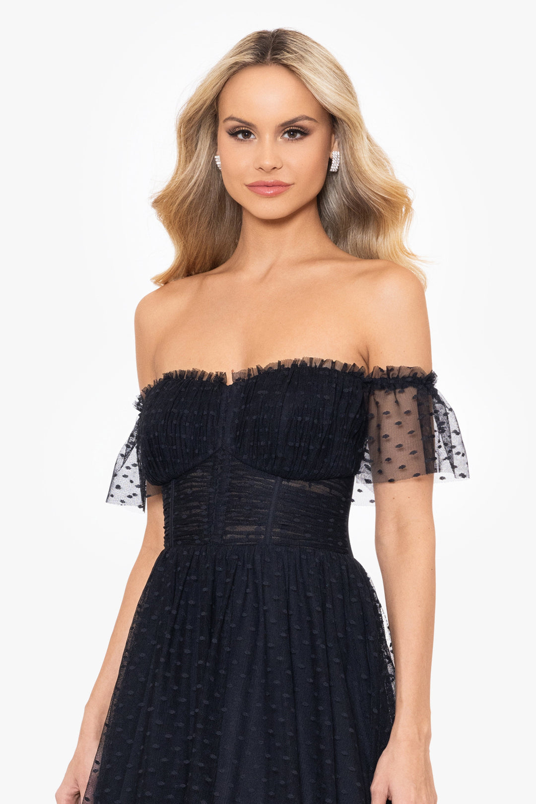 "Edie" Dot Mesh Off the Shoulder Ballgown