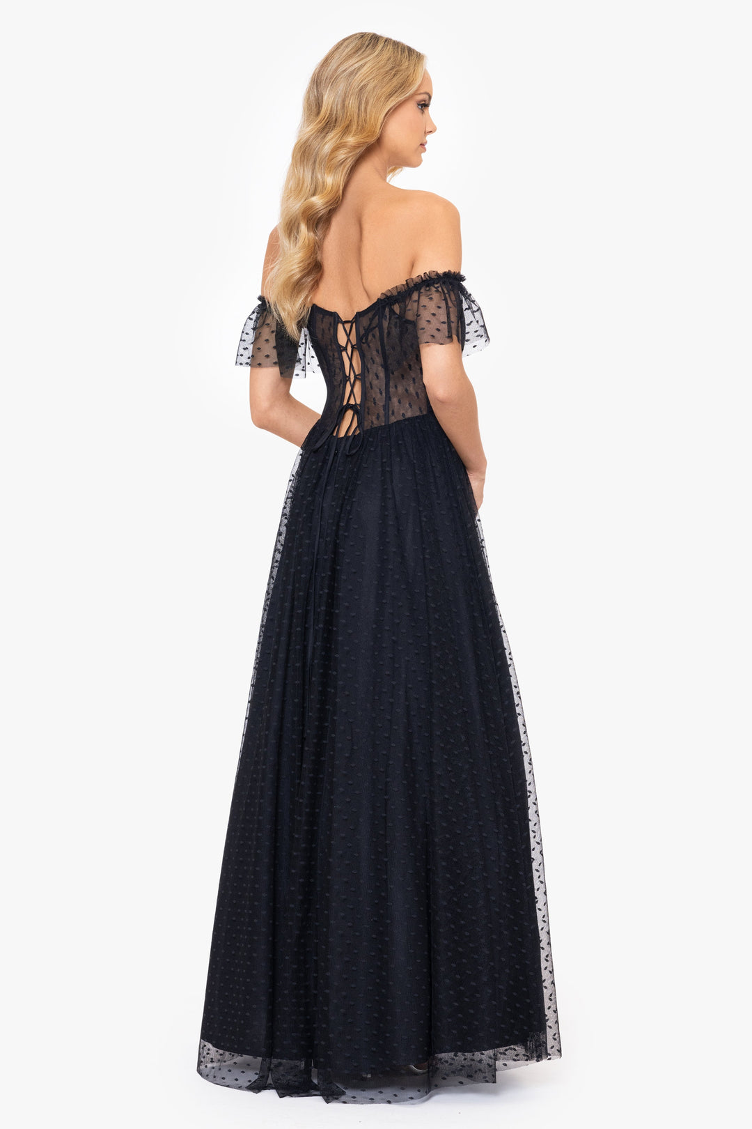 "Edie" Dot Mesh Off the Shoulder Ballgown