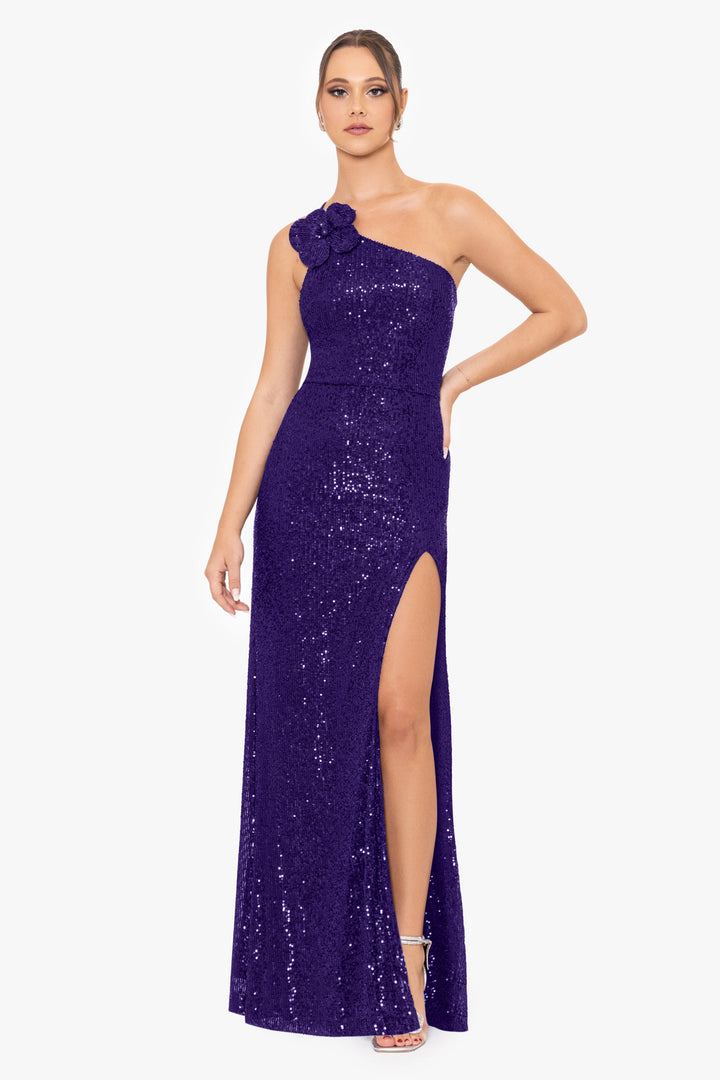 "Tracey" Long One Shoulder Sequin Dress with Flower Detail