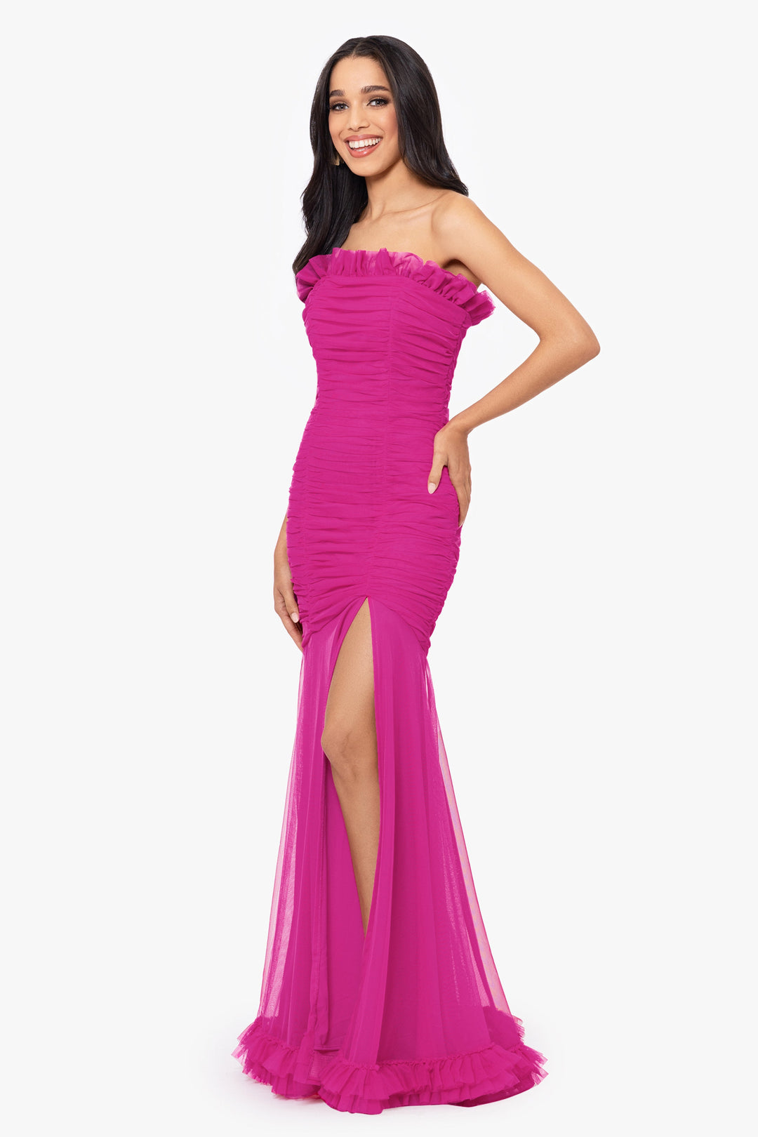 "Joey" Long Strapless Mesh Ruffle Dress