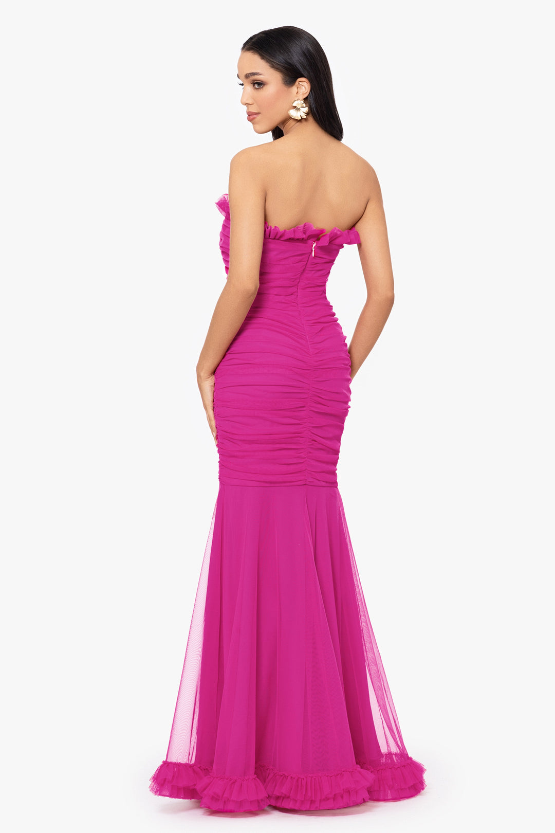 "Joey" Long Strapless Mesh Ruffle Dress