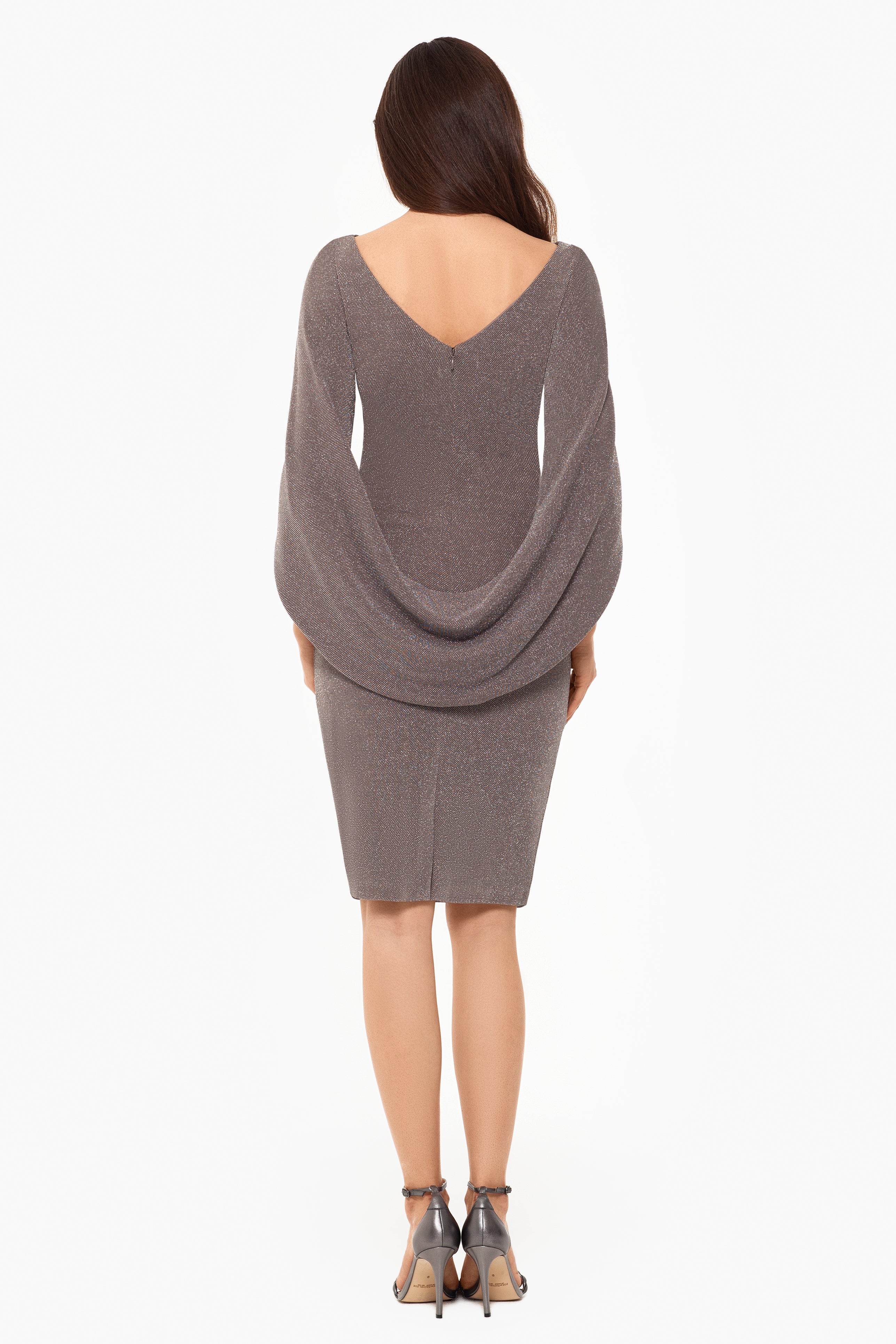 "Aurora" Short Metallic Knit Drape Back Dress