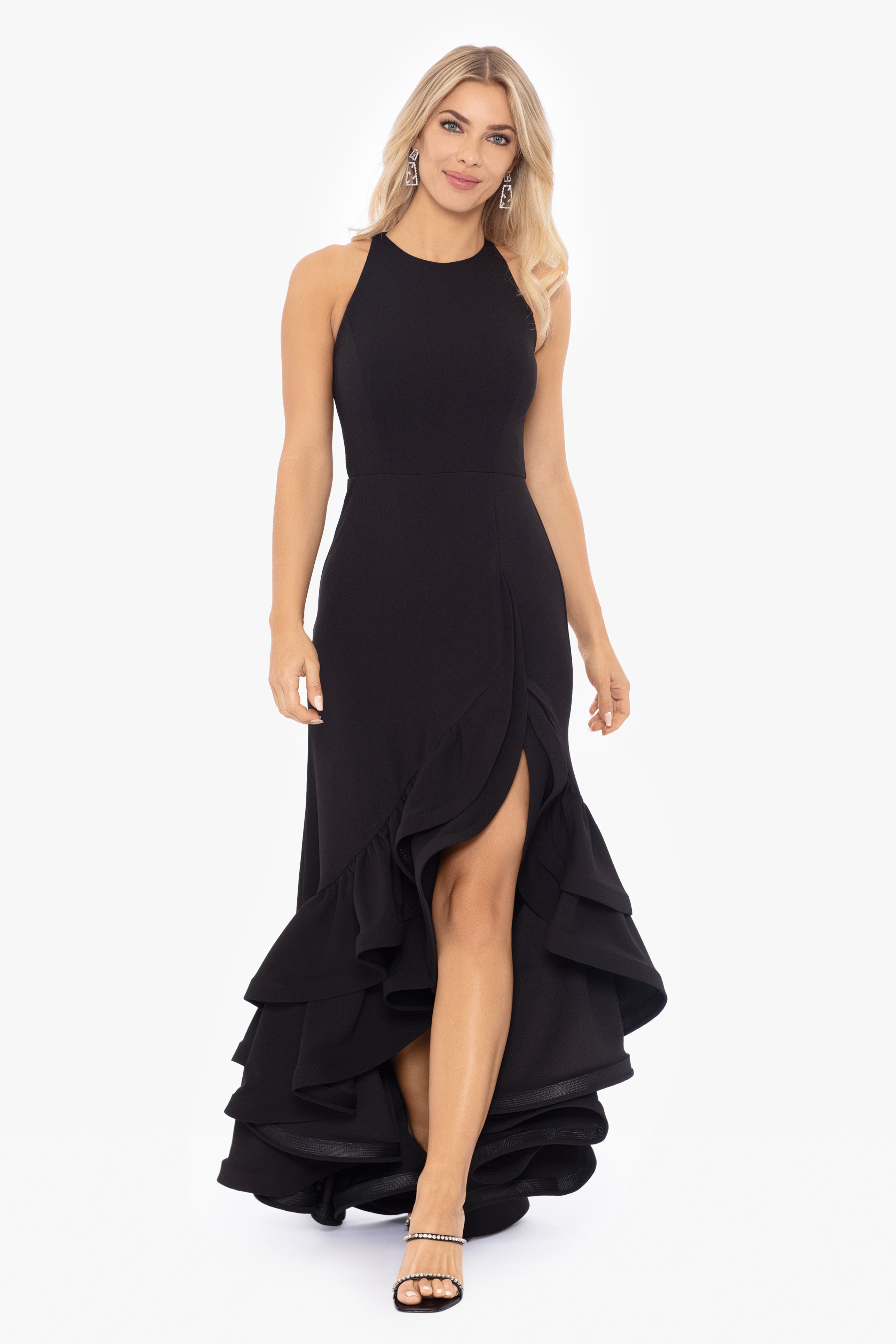 "Arielle" Scuba Crepe Ruffle Slit Gown