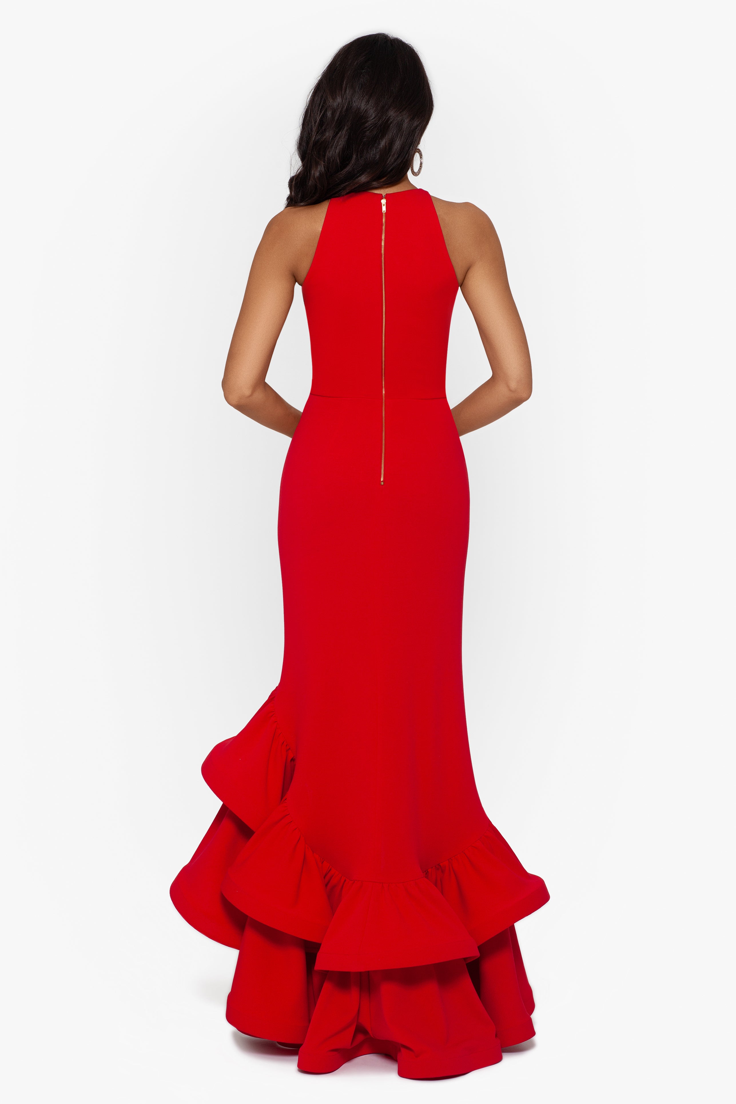 "Arielle" Scuba Crepe Ruffle Slit Gown - Betsy & Adam