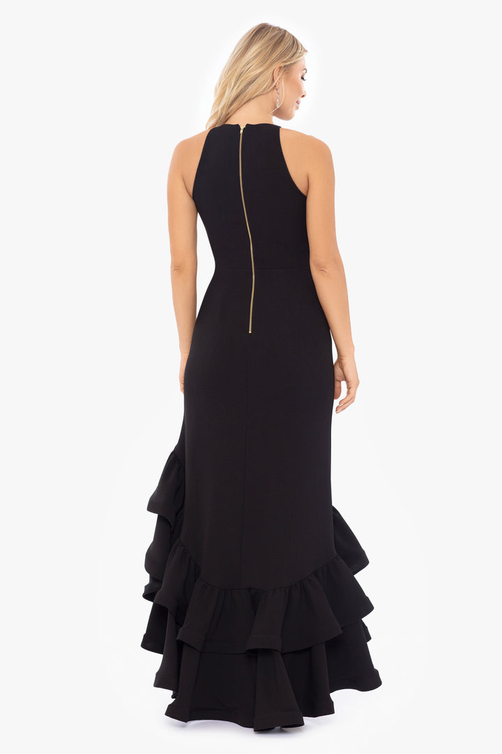 "Arielle" Scuba Crepe Ruffle Slit Gown