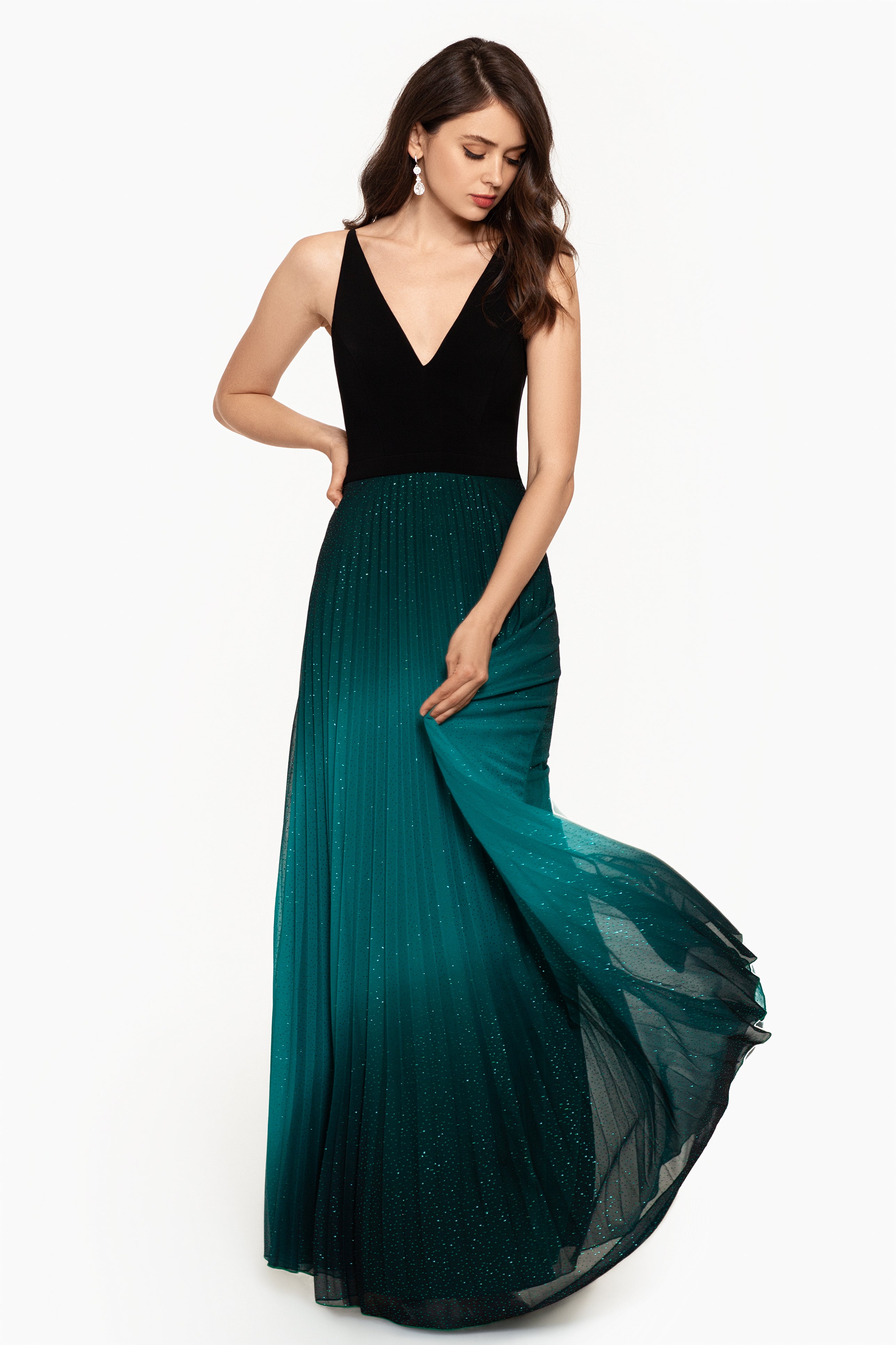 "Berkley" Long V- Neck Jersey Knit Pleated Glitter Skirt Dress - Betsy & Adam