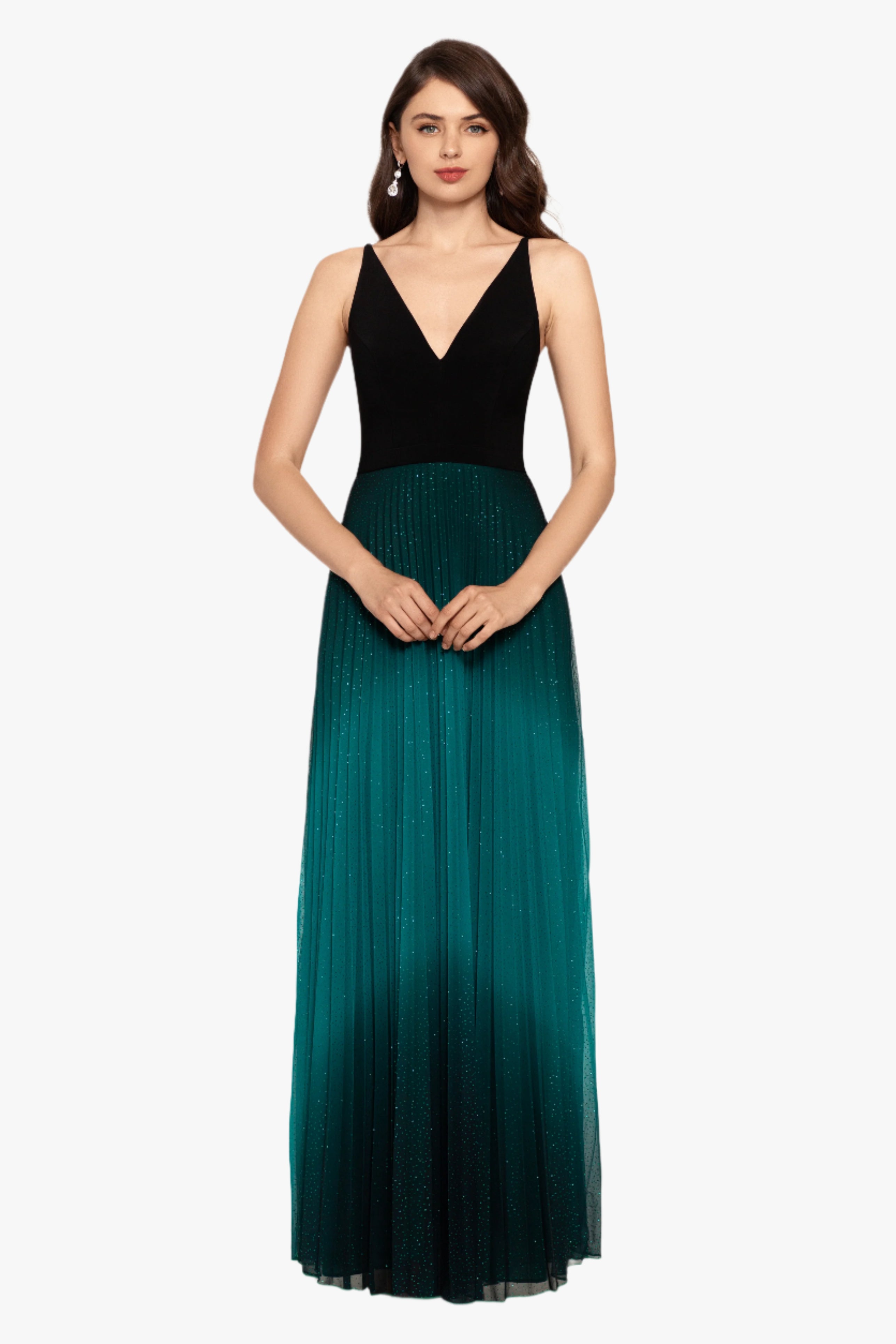 "Berkley" Long V- Neck Jersey Knit Pleated Glitter Skirt Dress - Betsy & Adam