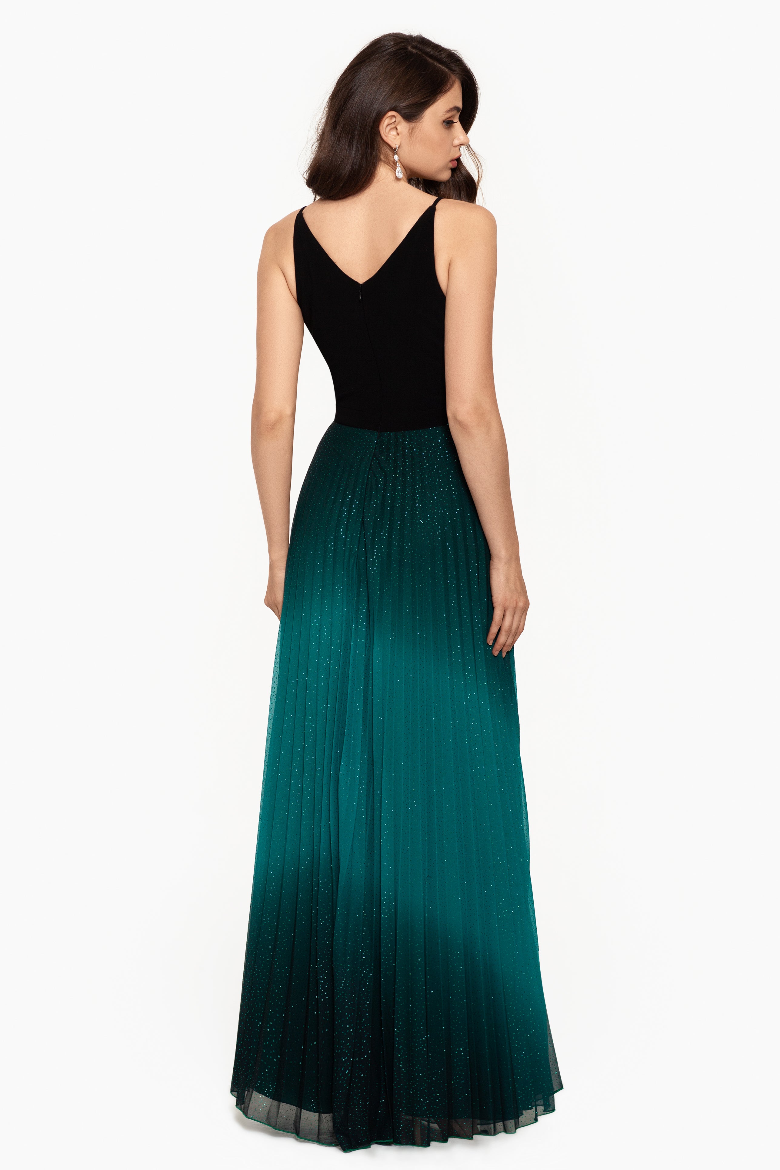 "Berkley" Long V- Neck Jersey Knit Pleated Glitter Skirt Dress - Betsy & Adam