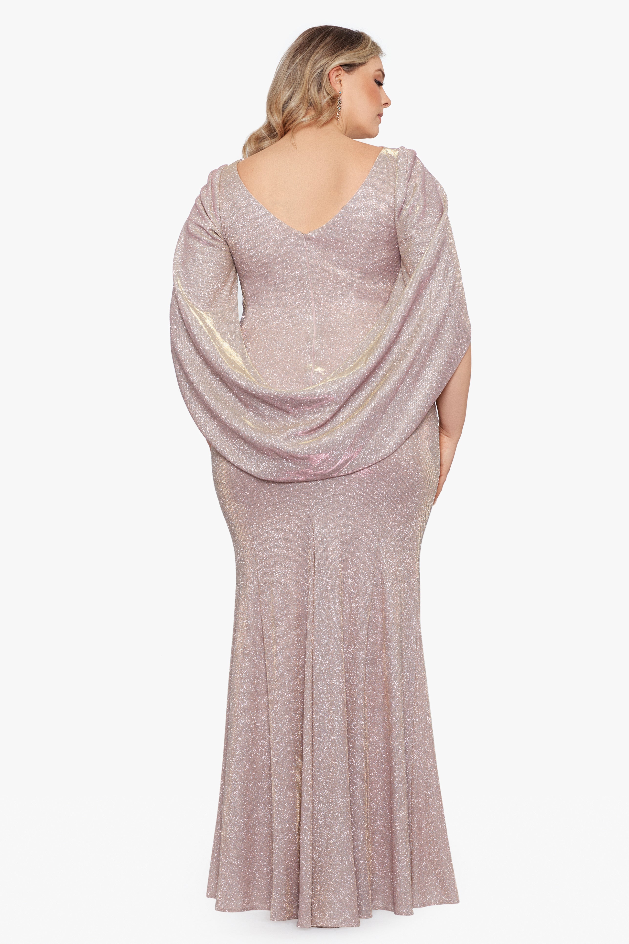 Plus "Gracie" Long Glitter Galaxy Cowl Neck Back Dress - Betsy & Adam