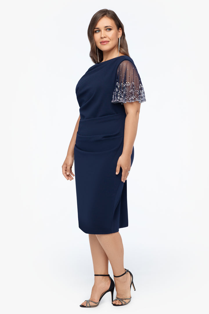 Plus "Emily" Short Scuba Crepe Beaded Sleeve Dress