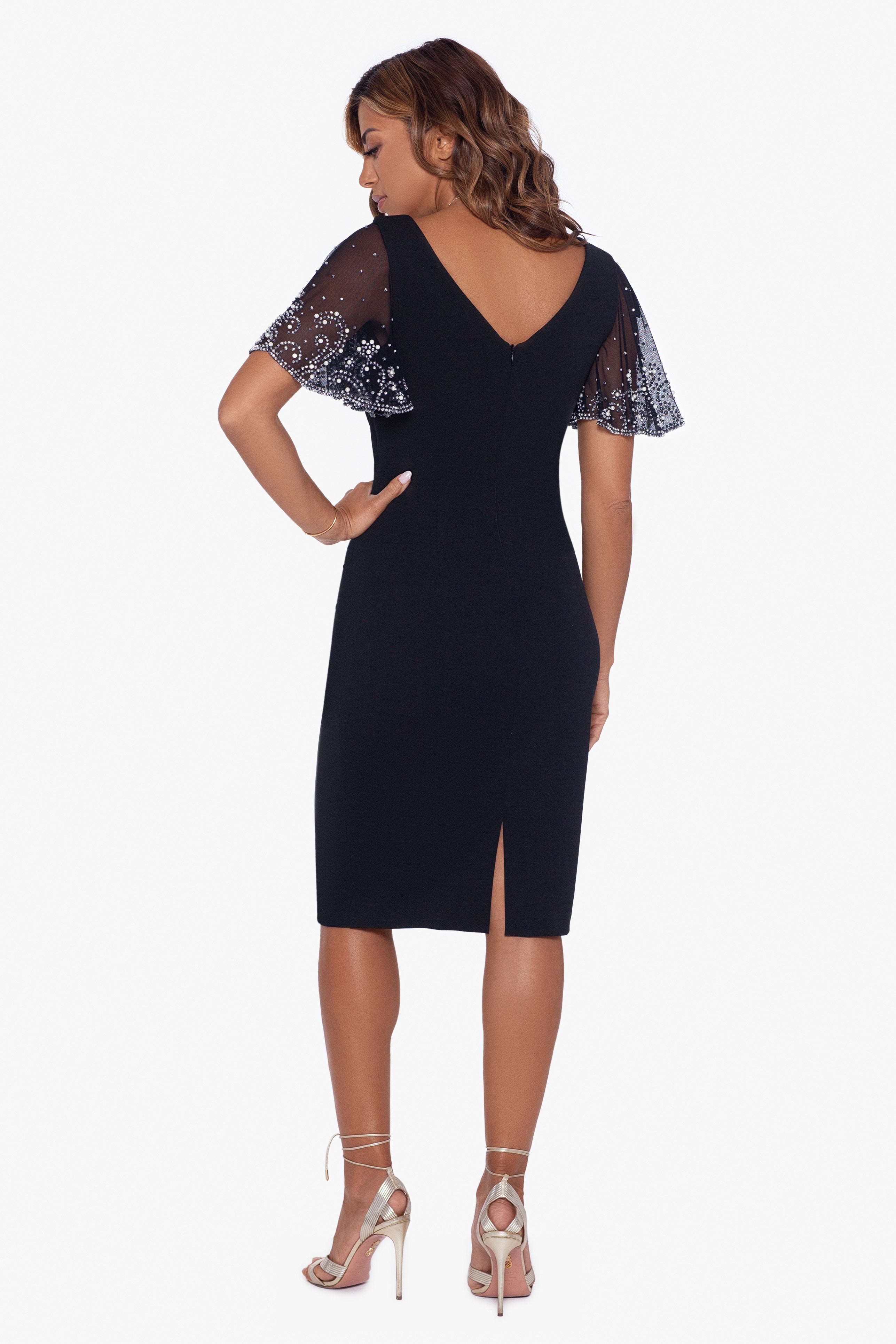 Petite "Emily" Short Scuba Crepe Beaded Sleeve Dress