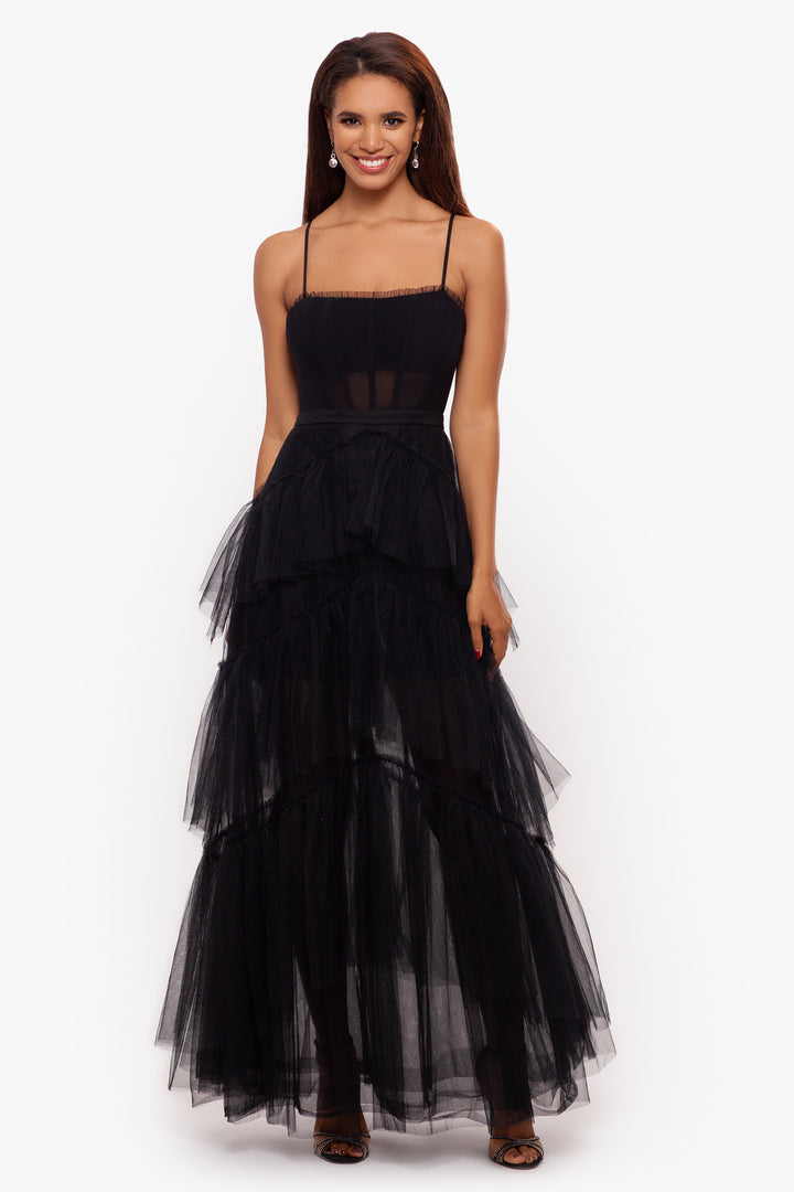 "Jasmine" Dress - A long spaghetti strap mesh corset gown with layered ruffle gatherings. 