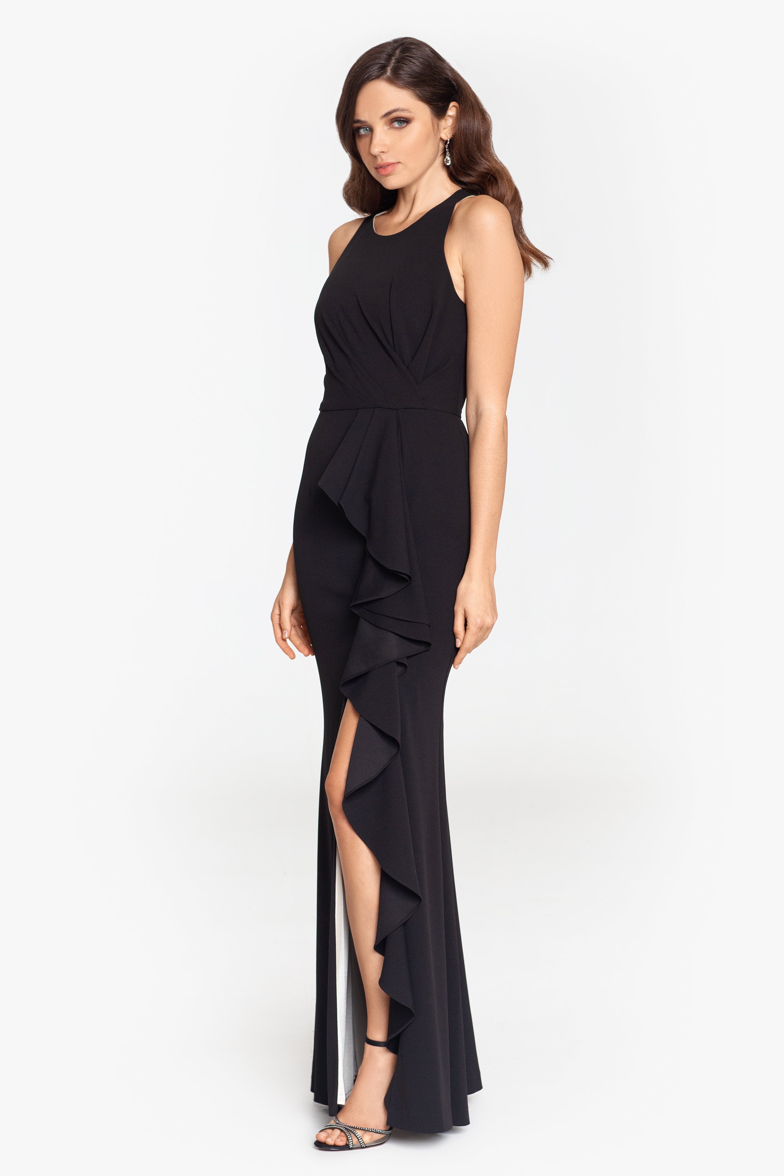 "Autumn" Long Halter Scuba Crepe Ruffle - Betsy & Adam