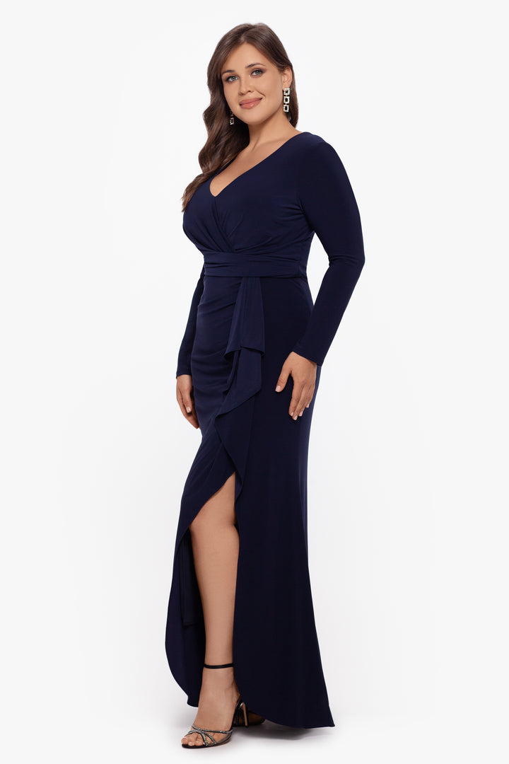 Plus "Elle" Long Sleeve Side Ruffled Slit Gown - Betsy & Adam