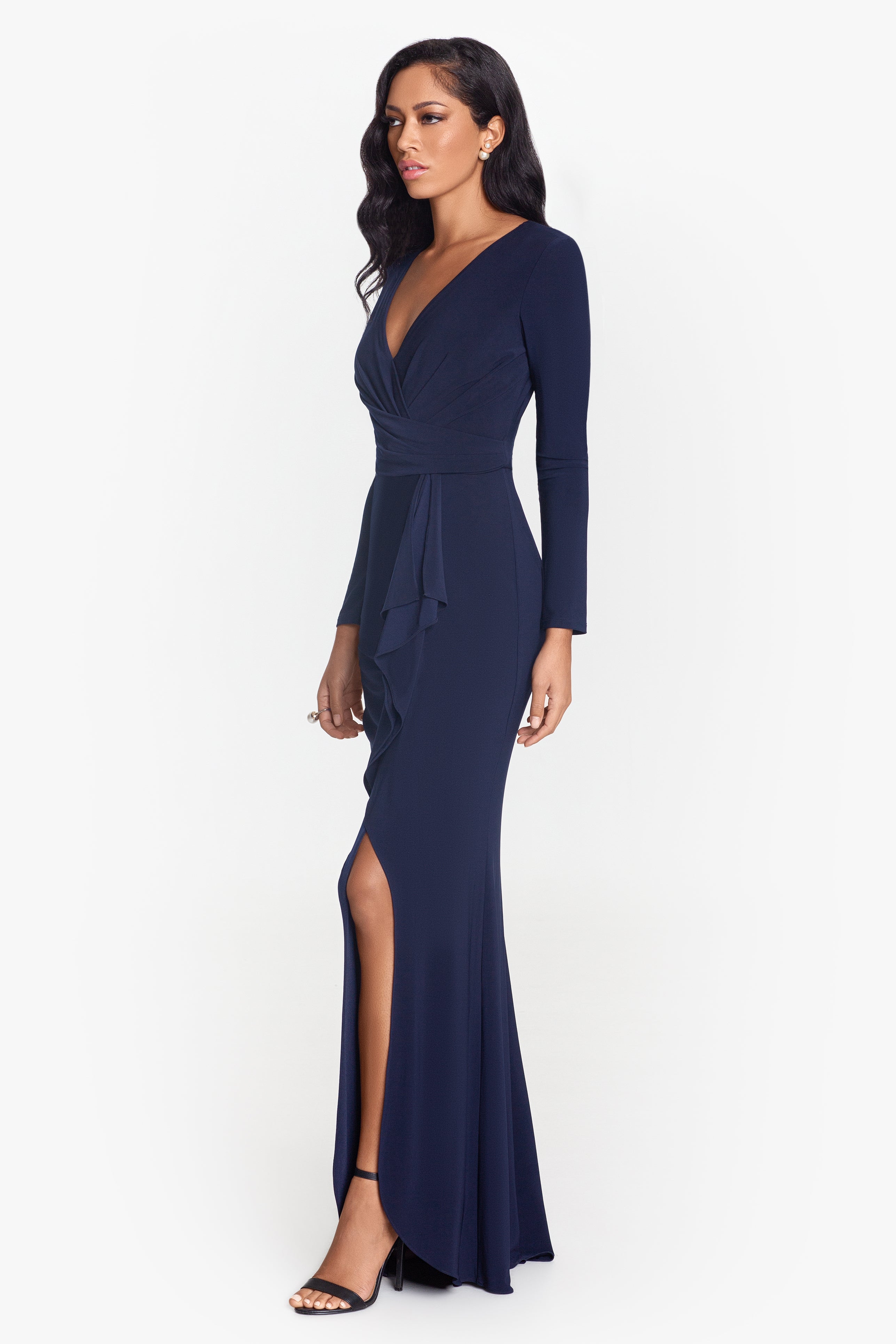 "Elle" Long Sleeve Side Ruffled Slit Gown - Betsy & Adam