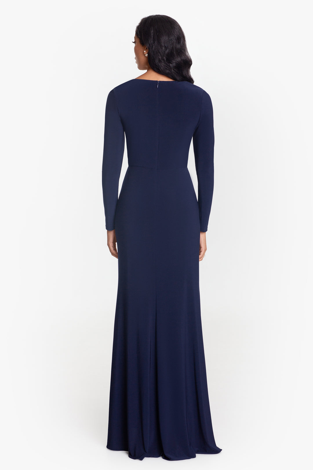 "Elle" Long Sleeve Side Ruffled Slit Gown - Betsy & Adam