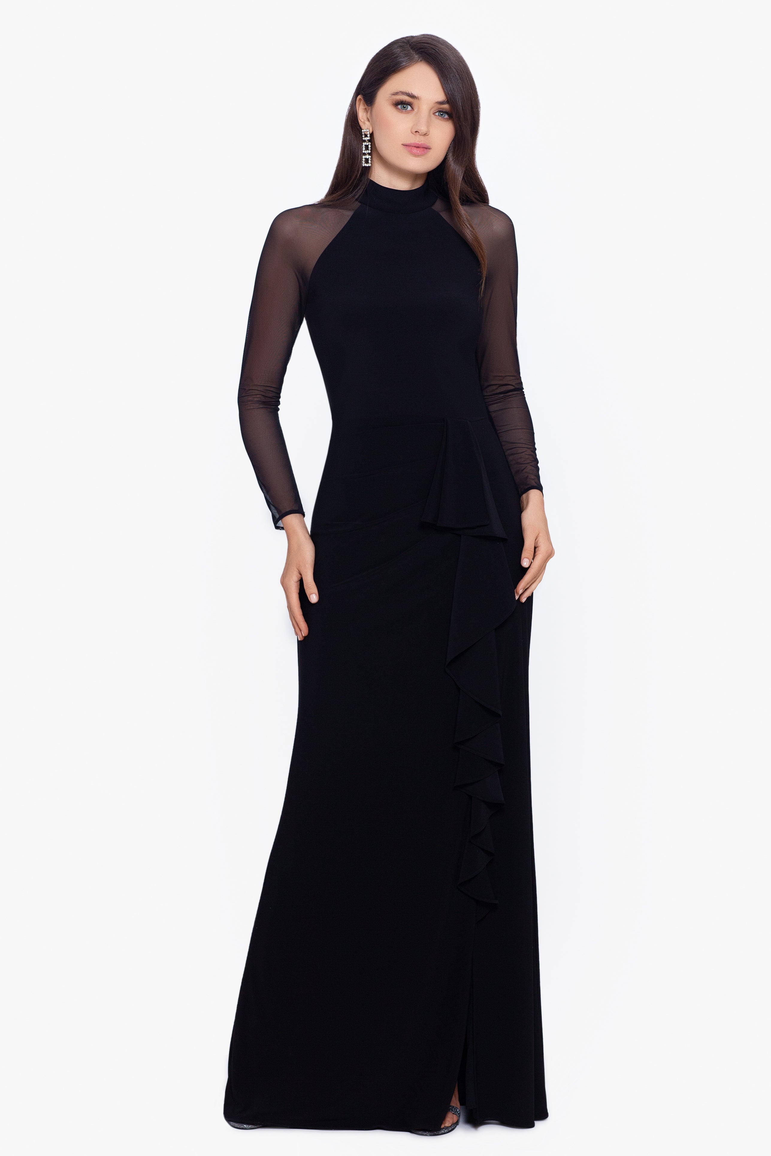 "Valerie" Long Mock Neck Mesh Long Sleeve Dress - Betsy & Adam