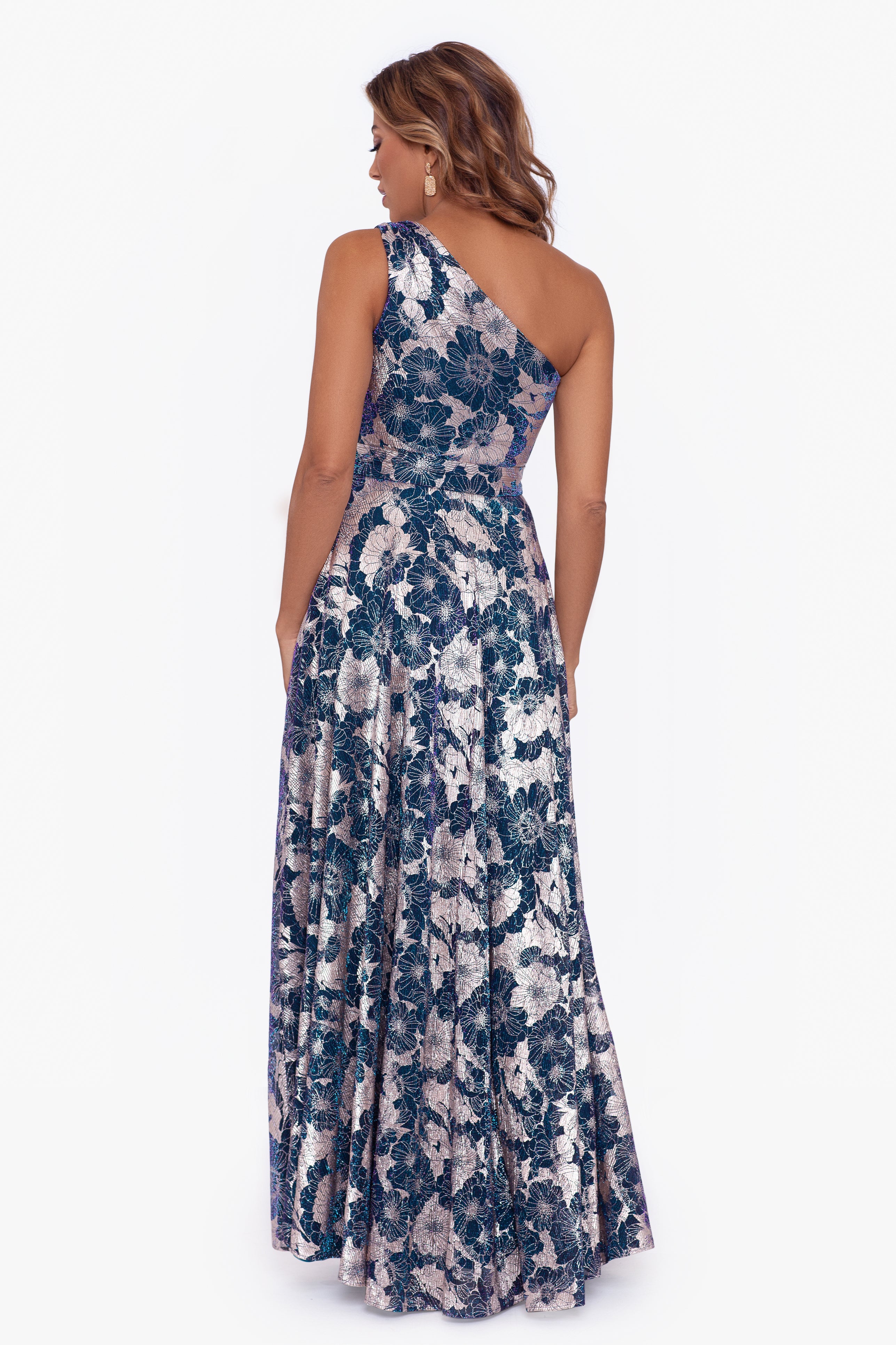 "Gwen" Long One Shoulder Wrap Foil Flower Dress - Betsy & Adam