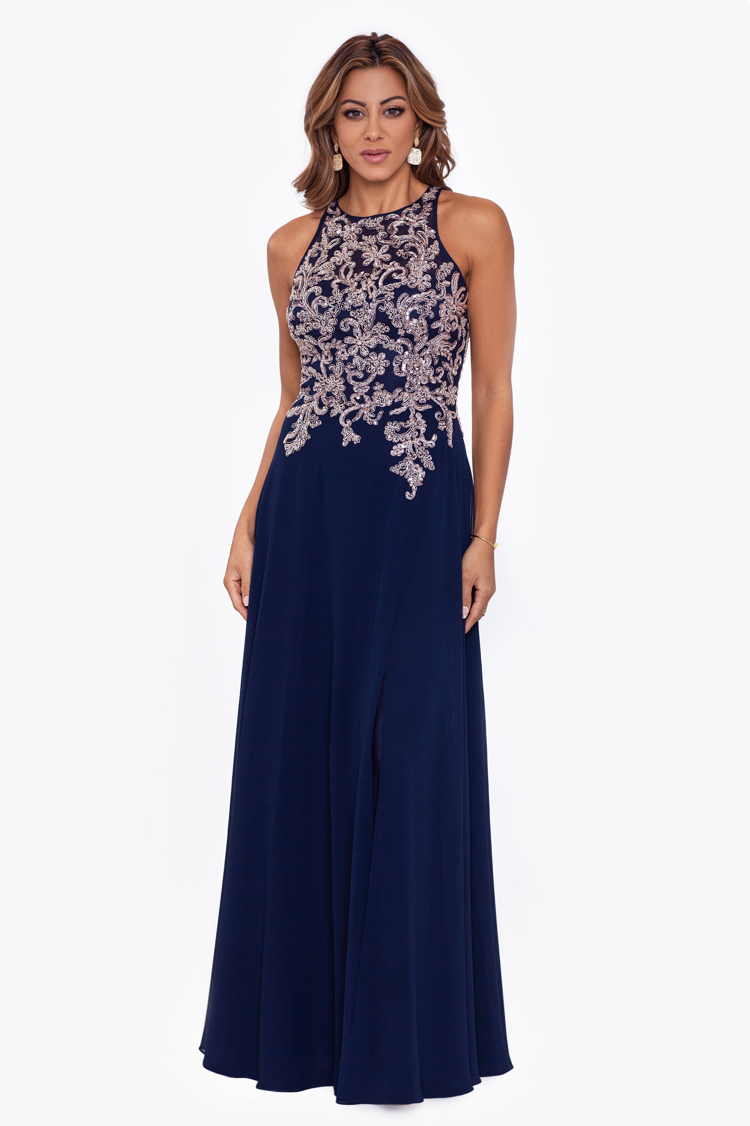 "Katie" Long Chiffon Beaded Halter Dress