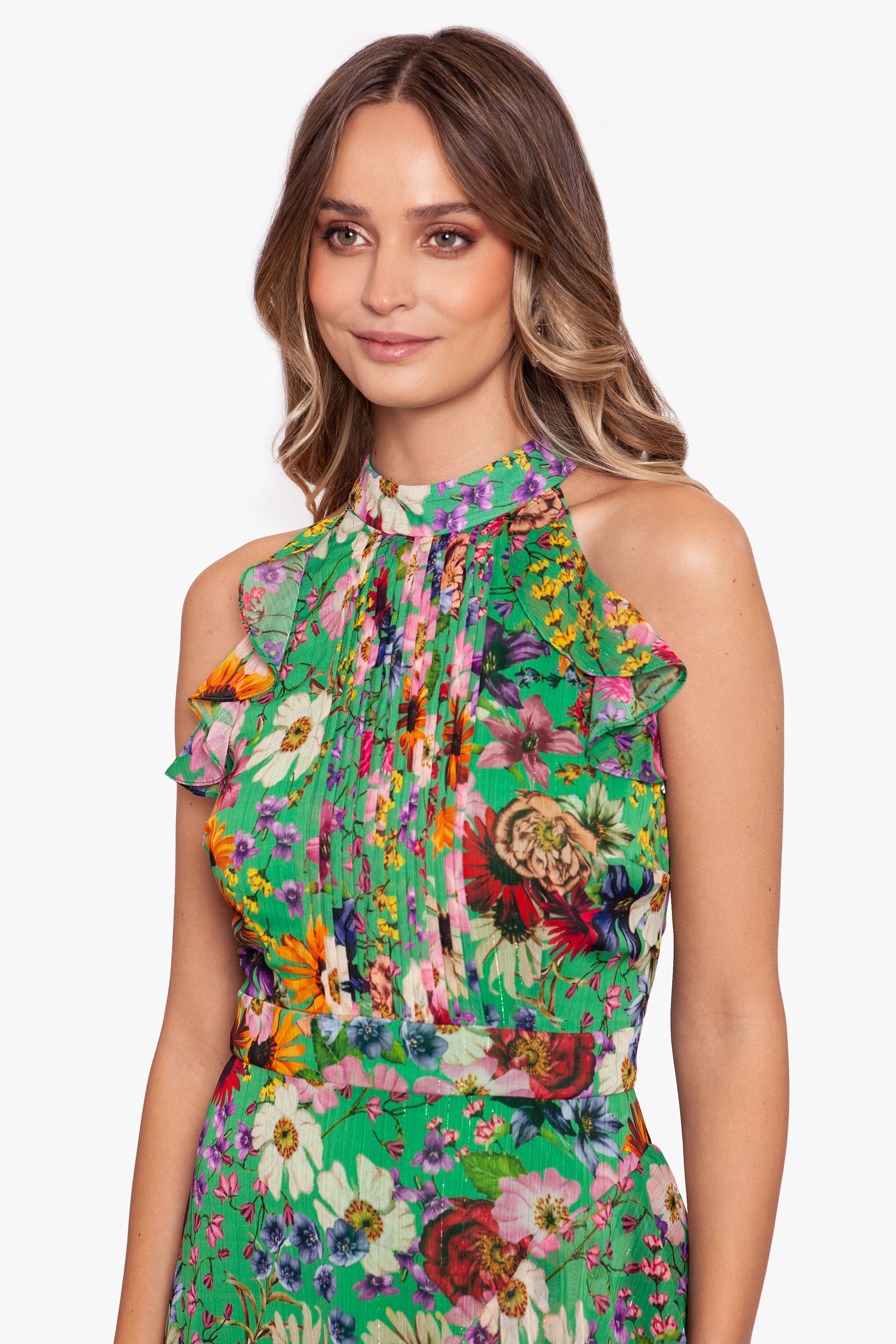 "Cameron" Long Chiffon Print Halter Flutter Dress - Betsy & Adam