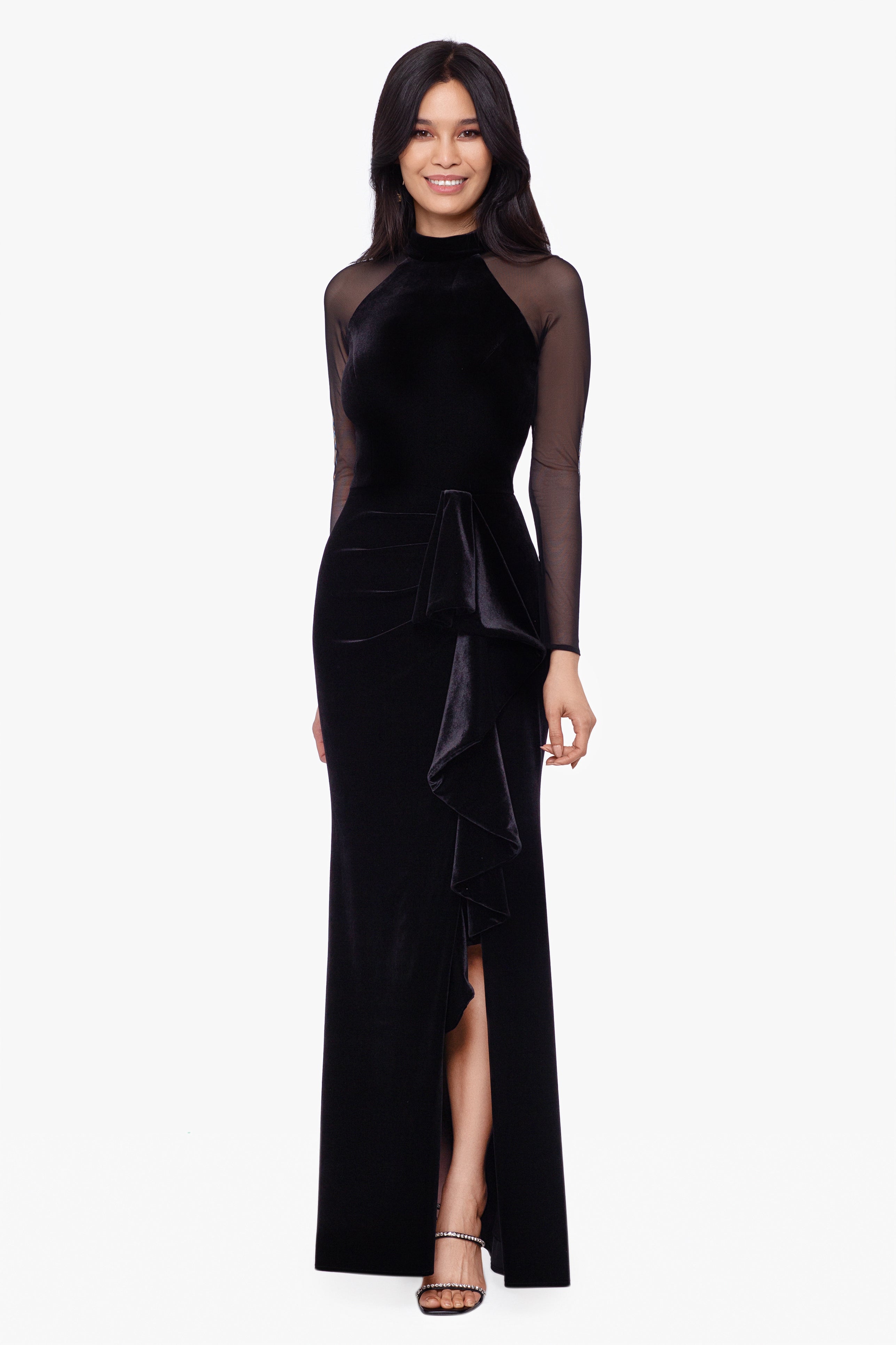 "Valentina" Long Velvet Mesh Illusion Sleeve Dress